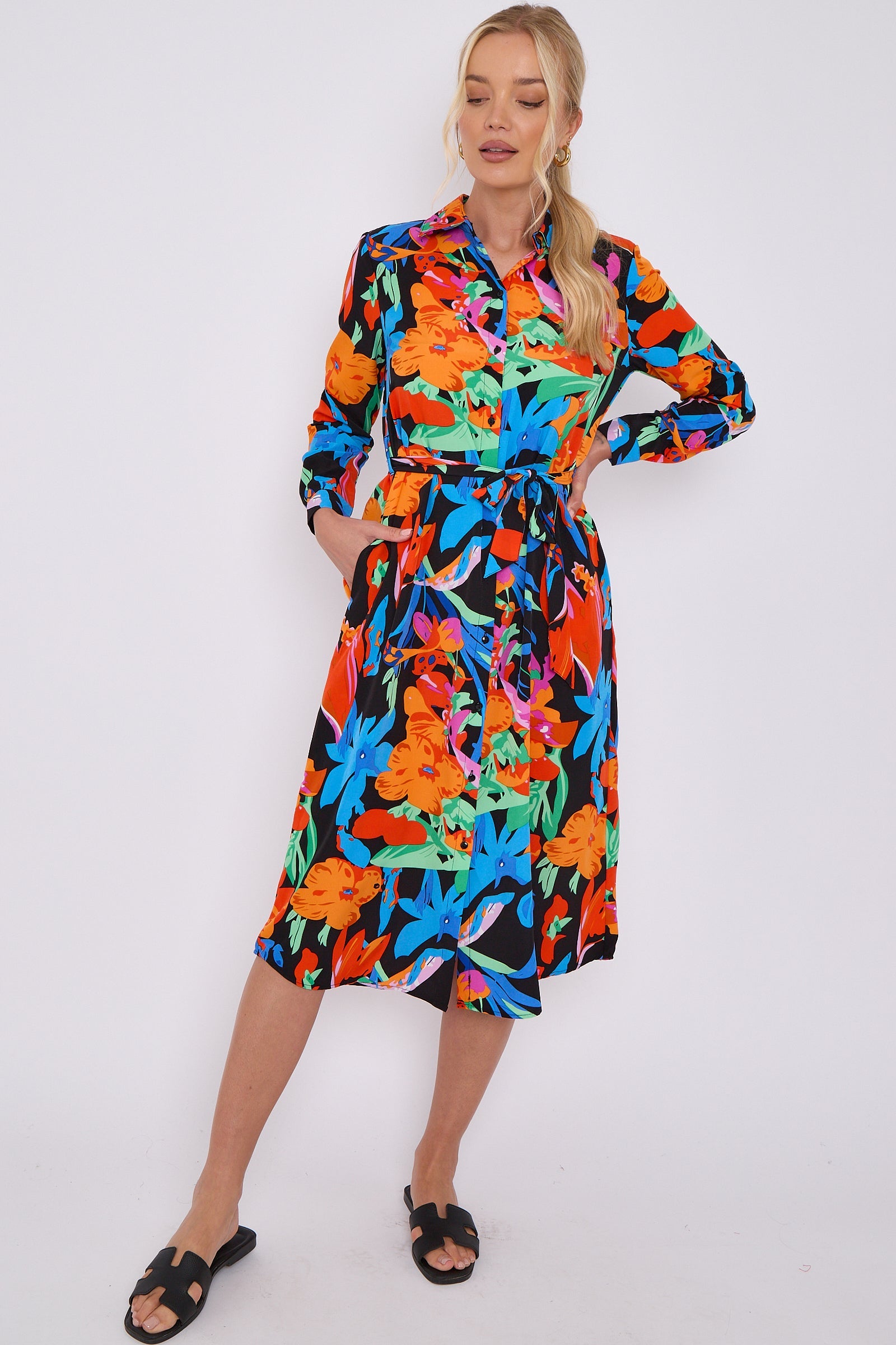 Astract Floral Print Midi Shirt Dress LS-2156L-S44