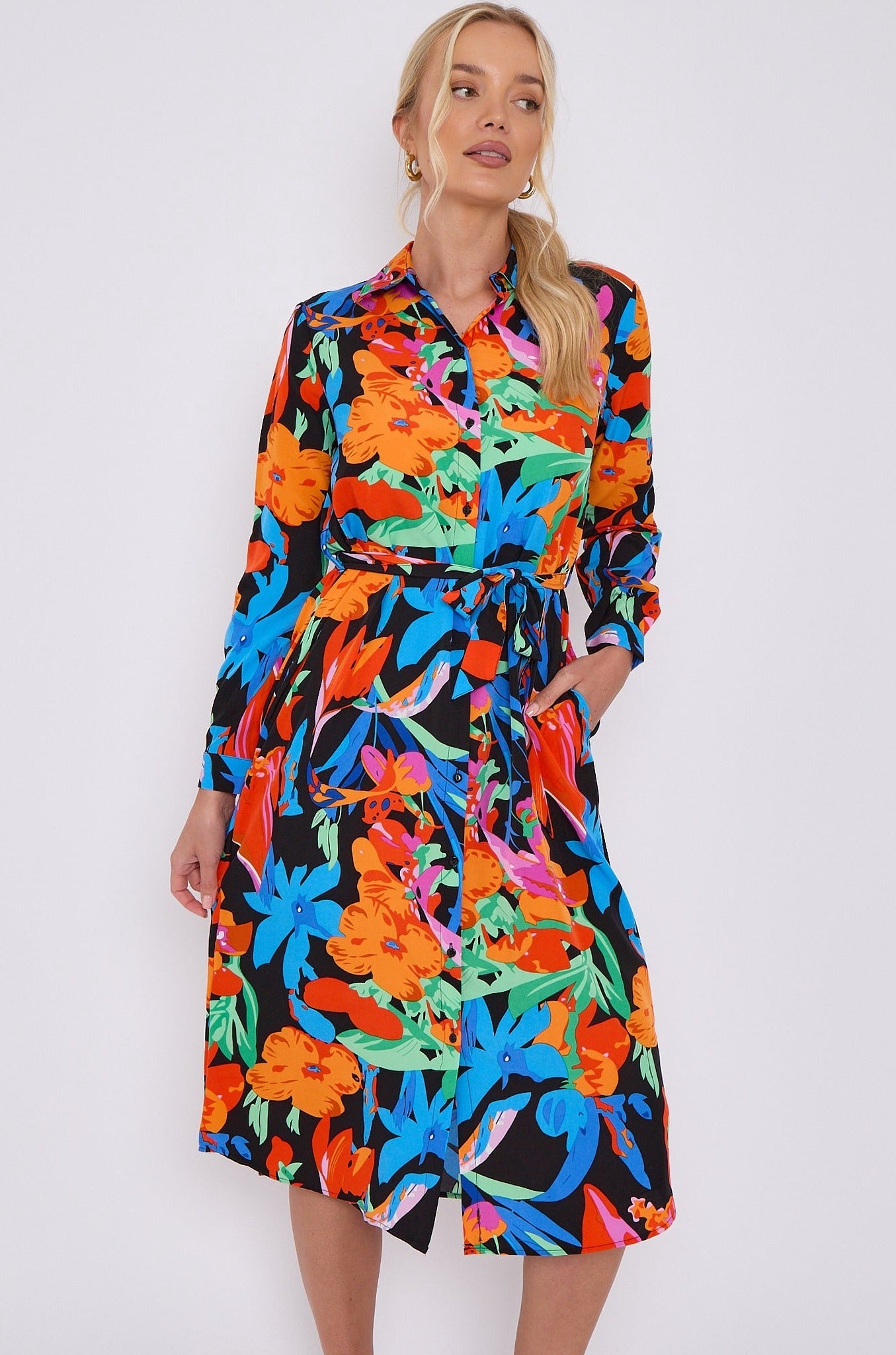 Astract Floral Print Midi Shirt Dress LS-2156L-S44