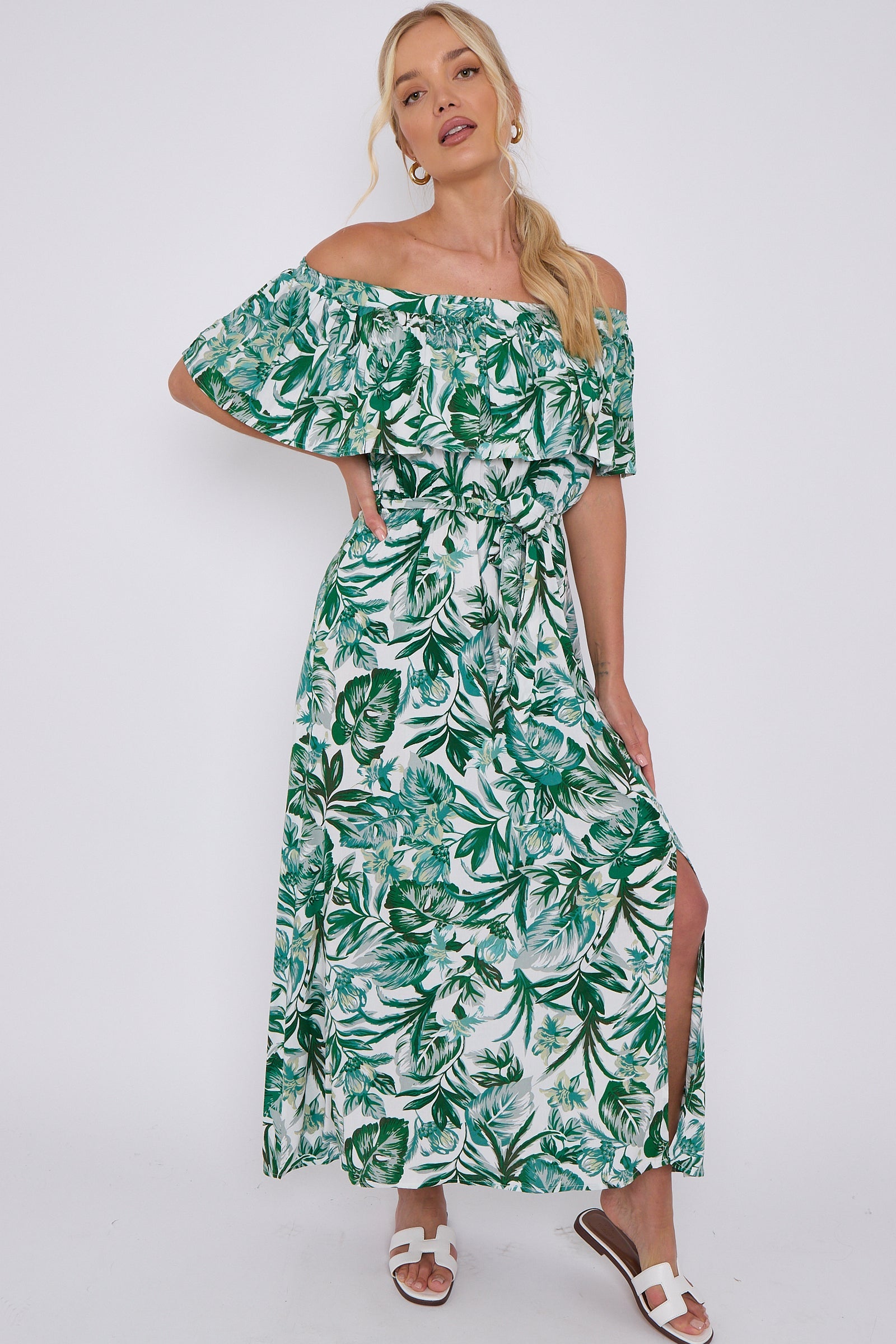 Green Leaf Floral Print Bardot Maxi Dress LS-2411-KB4