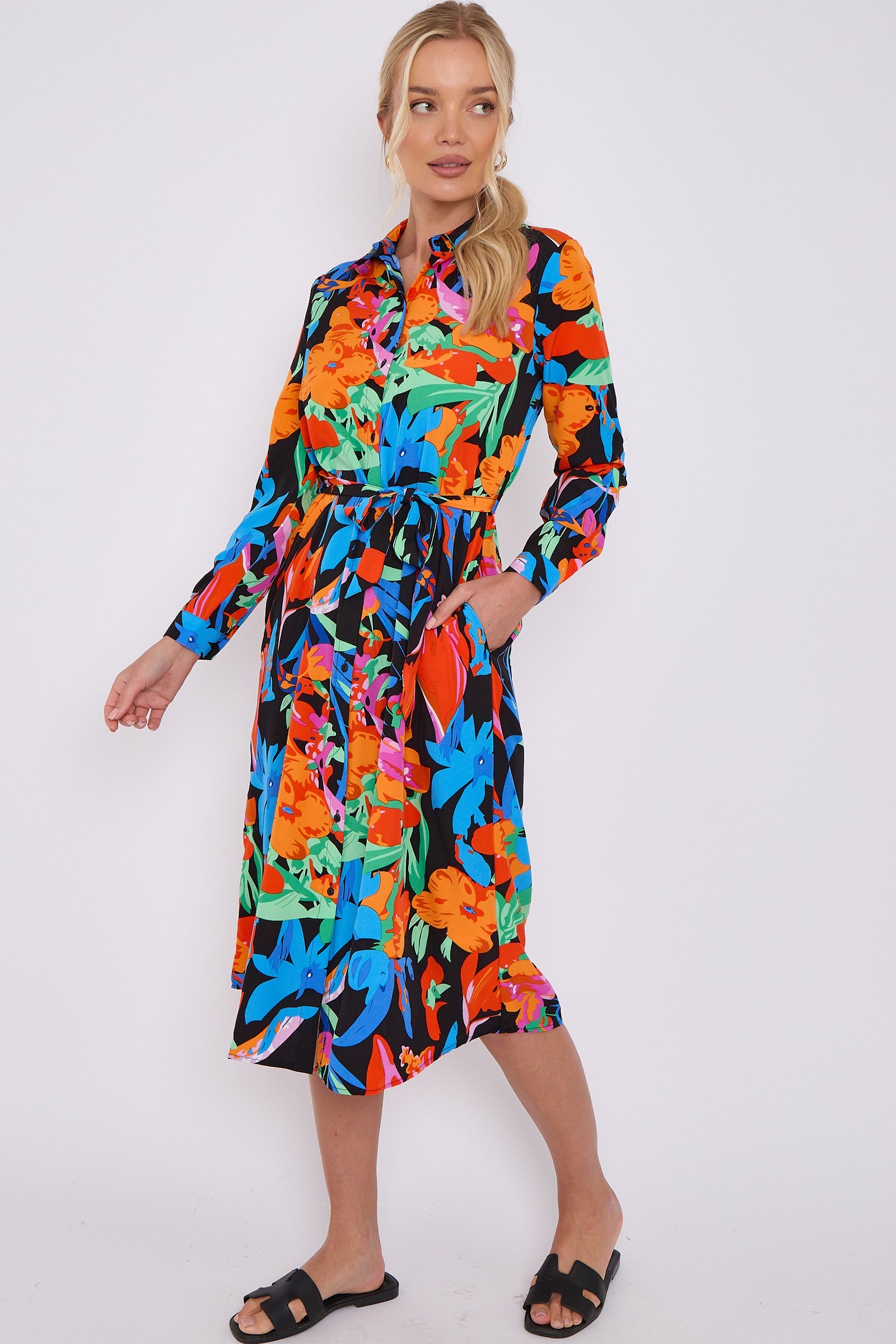 Astract Floral Print Midi Shirt Dress LS-2156L-S44