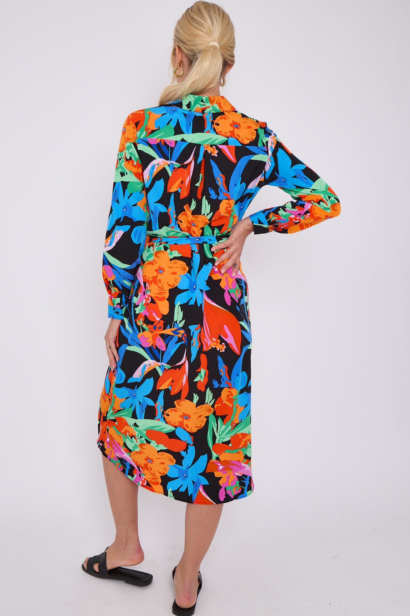 Astract Floral Print Midi Shirt Dress LS-2156L-S44