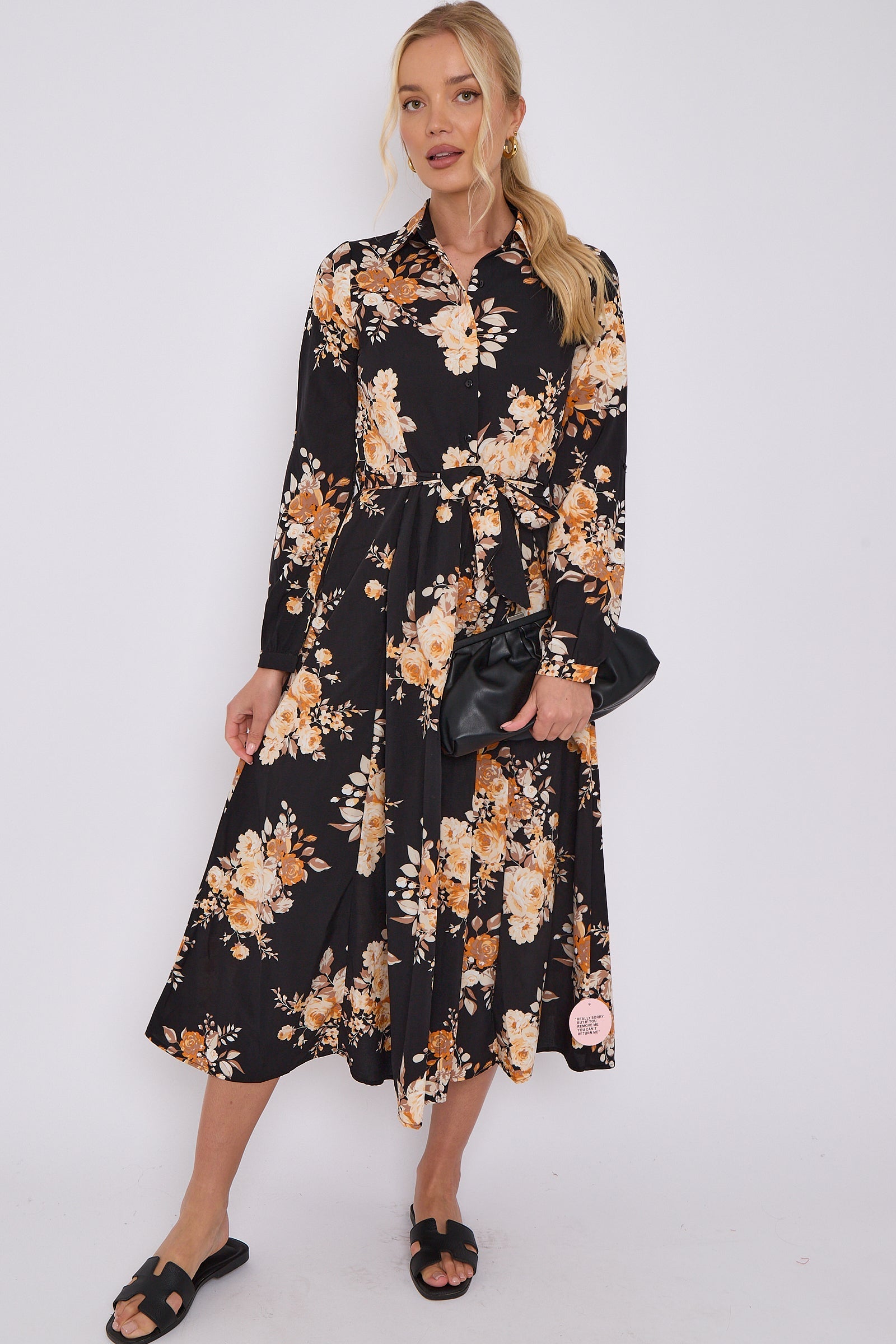 Black Floral Print Midaxi Shirt Dress LS-2037-C116