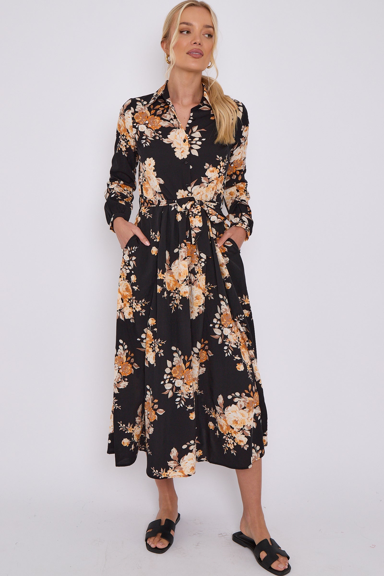 Black Floral Print Midaxi Shirt Dress LS-2037-C116