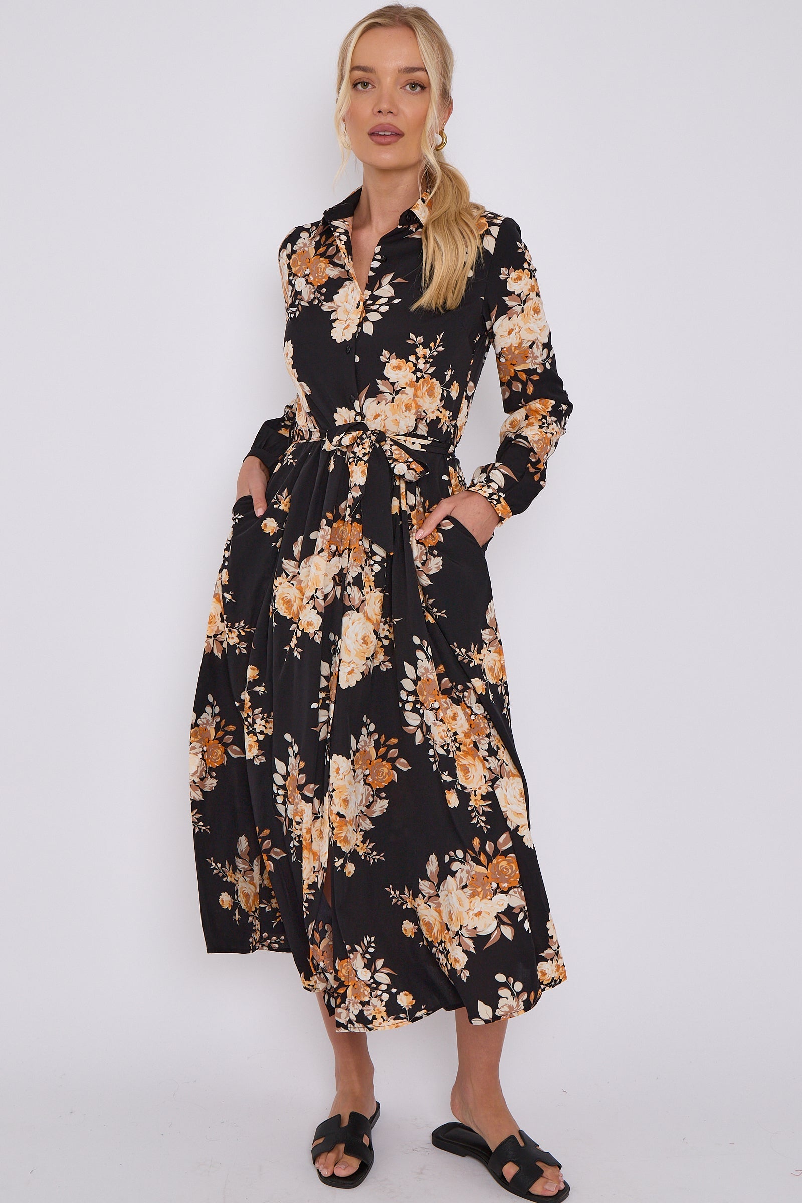 Black Floral Print Midaxi Shirt Dress LS-2037-C116