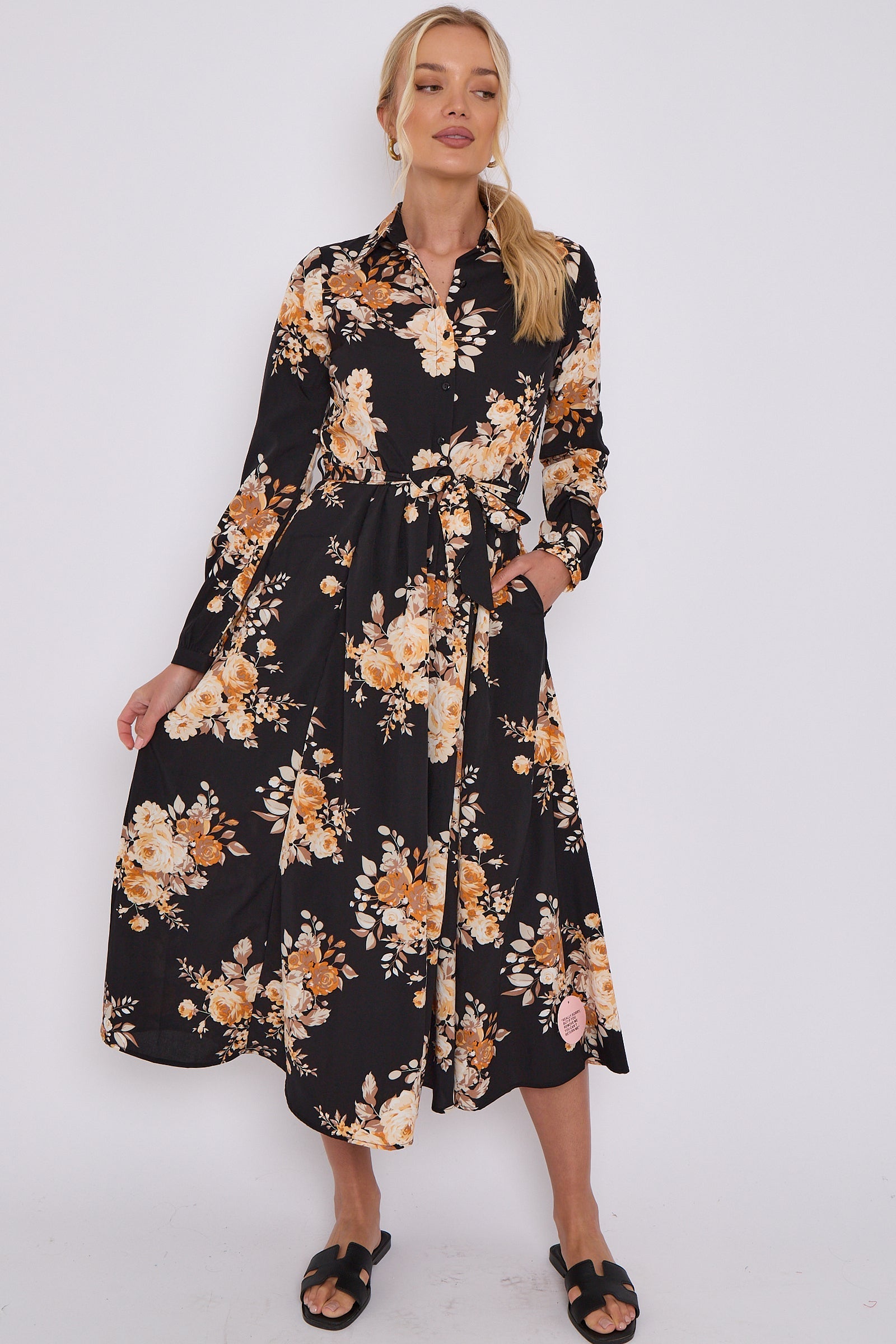 Black Floral Print Midaxi Shirt Dress LS-2037-C116