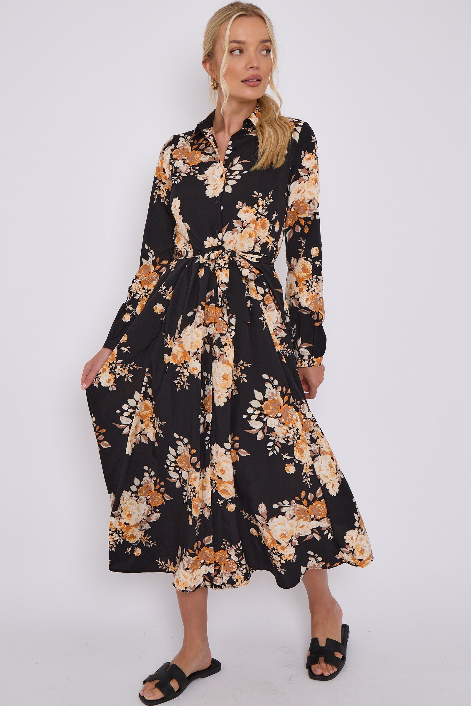 Black Floral Print Midaxi Shirt Dress LS-2037-C116