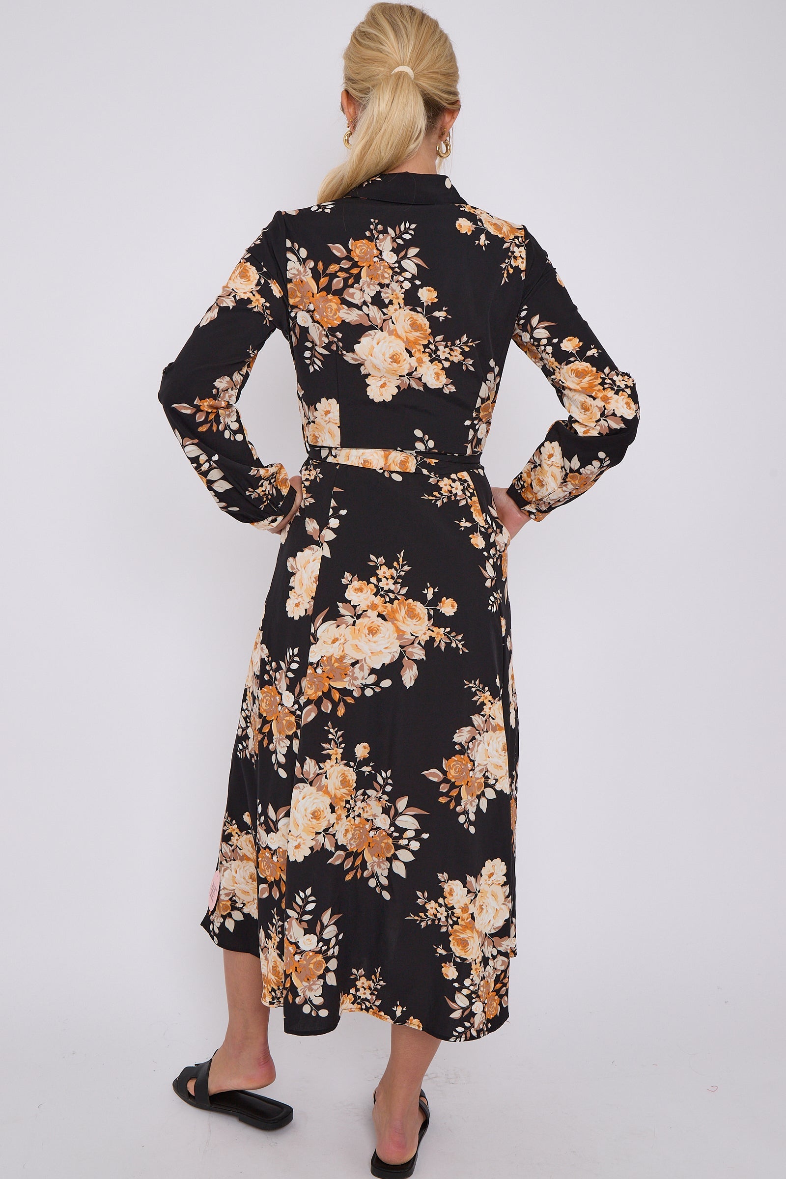 Black Floral Print Midaxi Shirt Dress LS-2037-C116