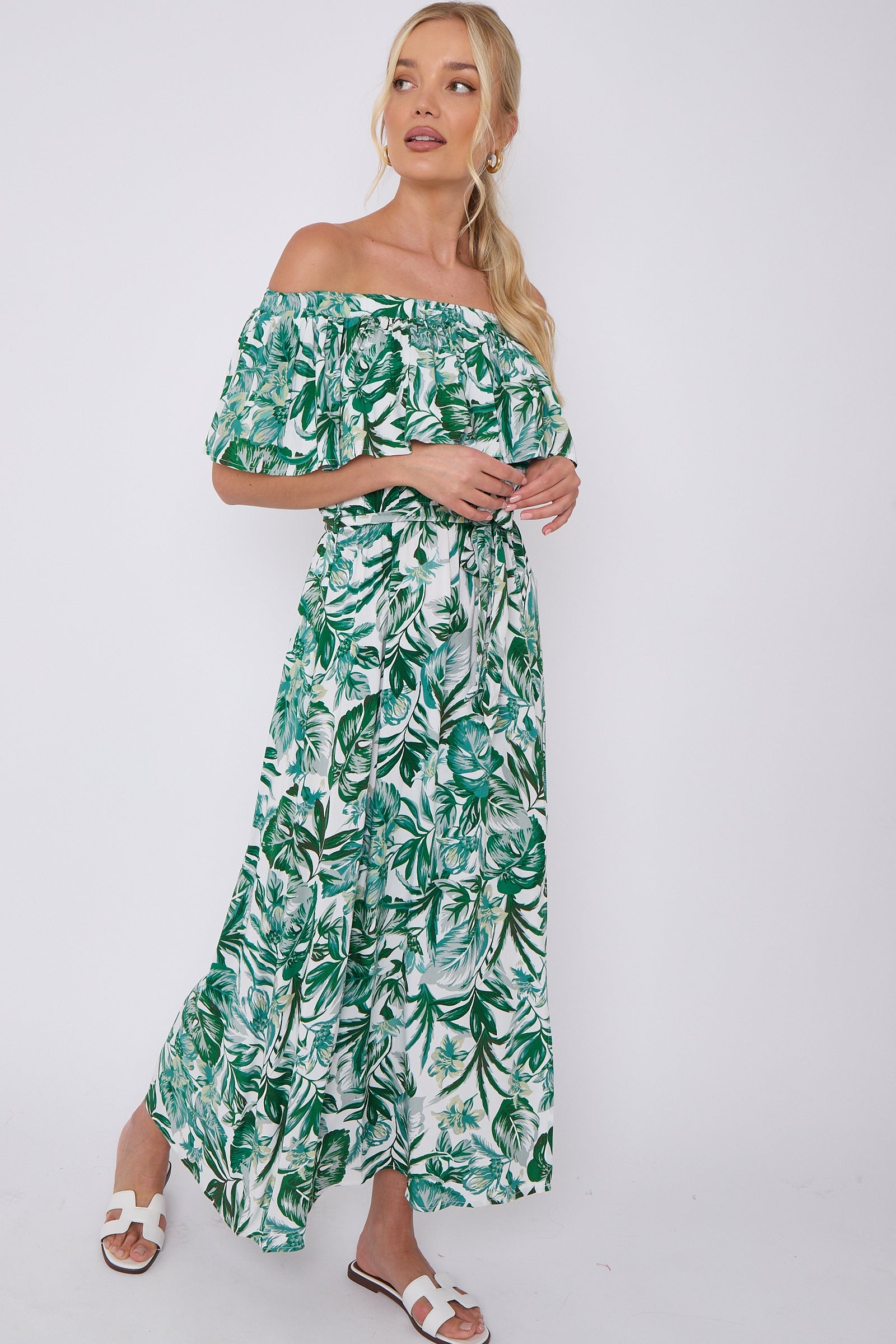 Green Leaf Floral Print Bardot Maxi Dress LS-2411-KB4