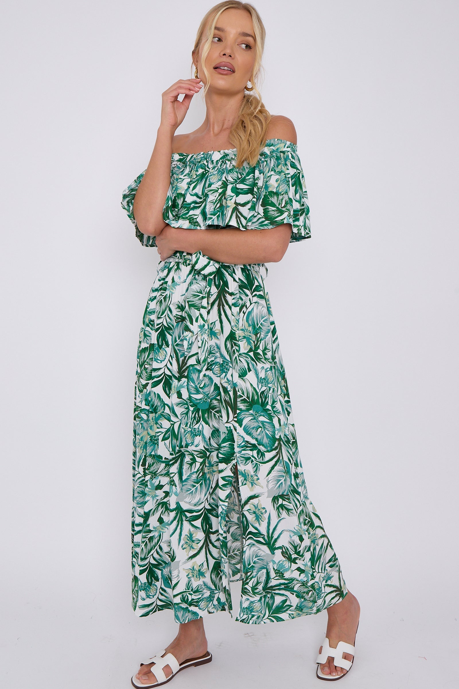 Green Leaf Floral Print Bardot Maxi Dress LS-2411-KB4