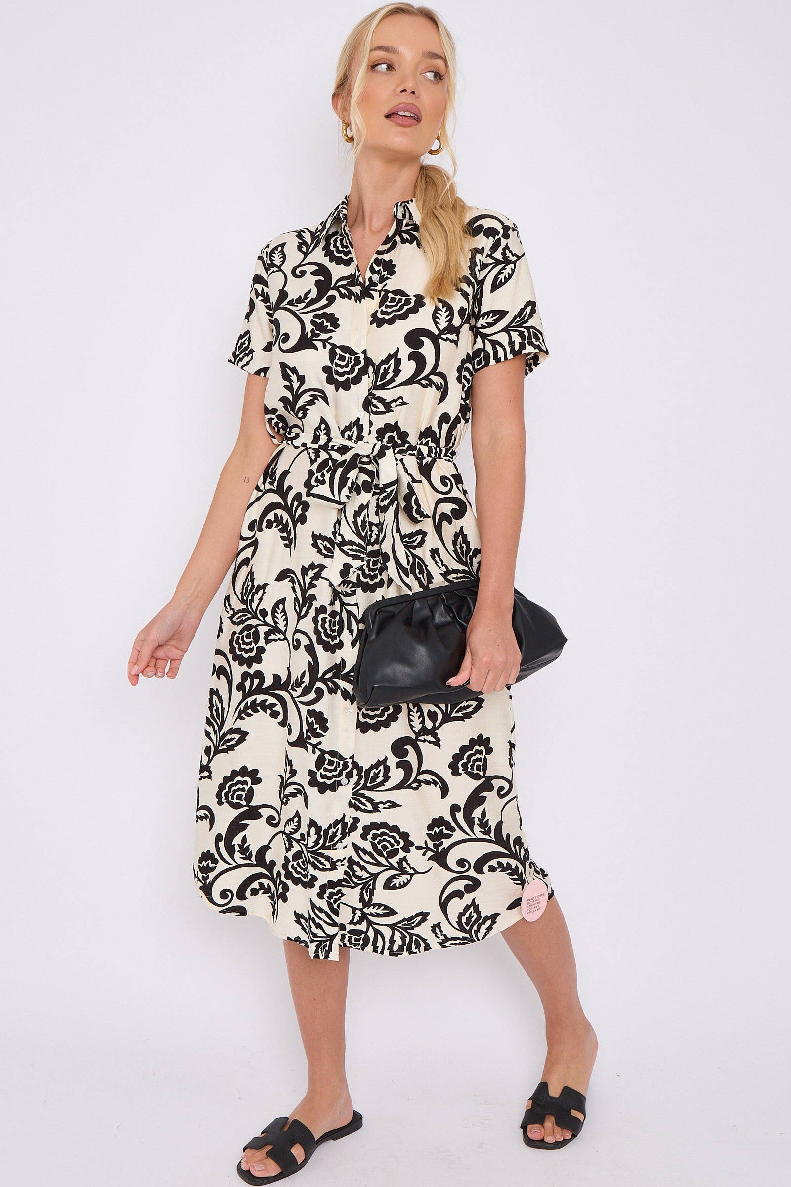 Black Floral Print Short Sleeve Midi Shirt Dress LS-2156LD-P4