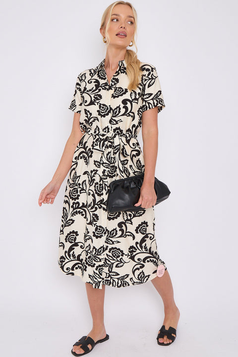 Black Floral Print Short Sleeve Midi Shirt Dress LS-2156LD-P4