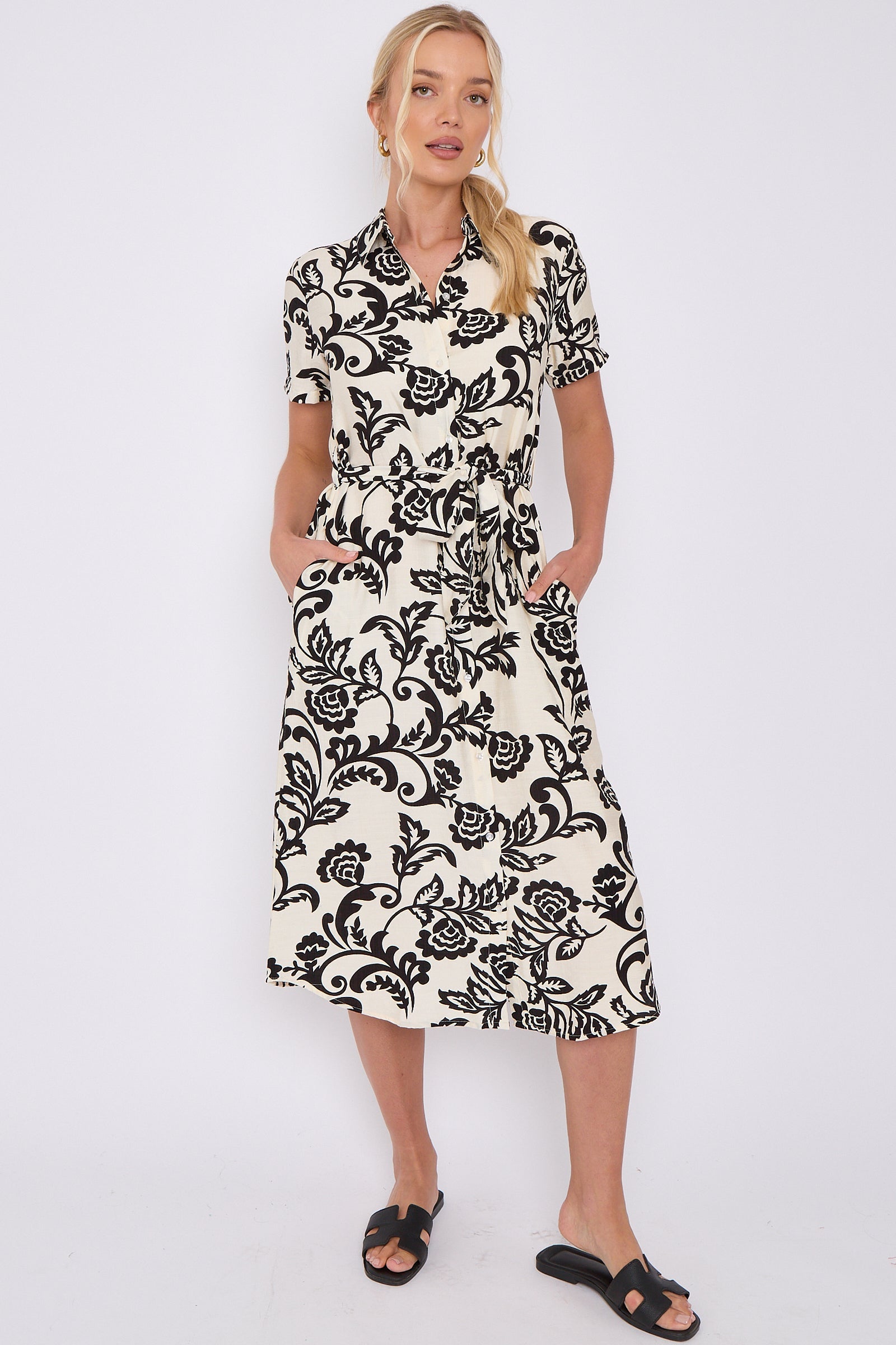 Black Floral Print Short Sleeve Midi Shirt Dress LS-2156LD-P4