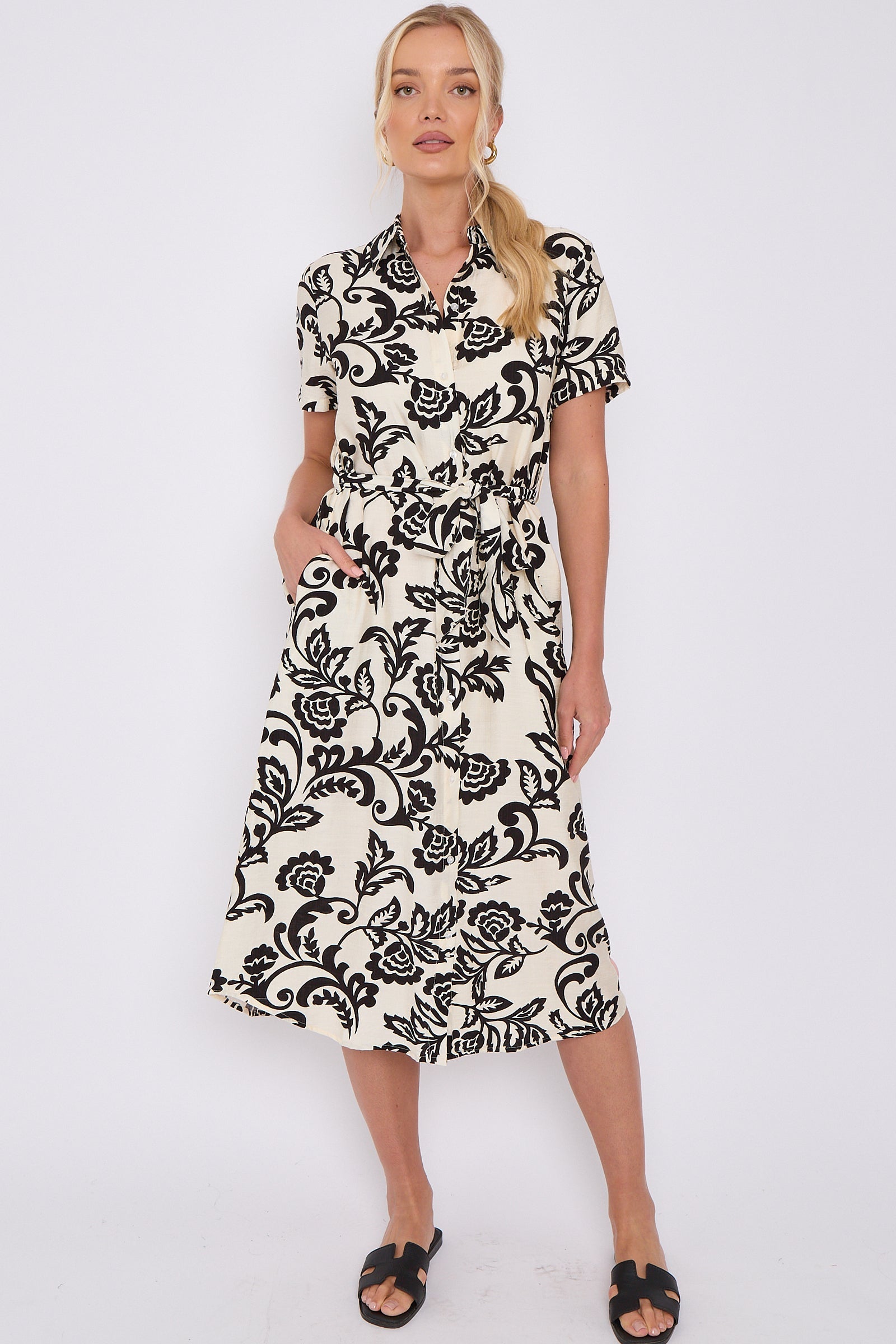 Black Floral Print Short Sleeve Midi Shirt Dress LS-2156LD-P4