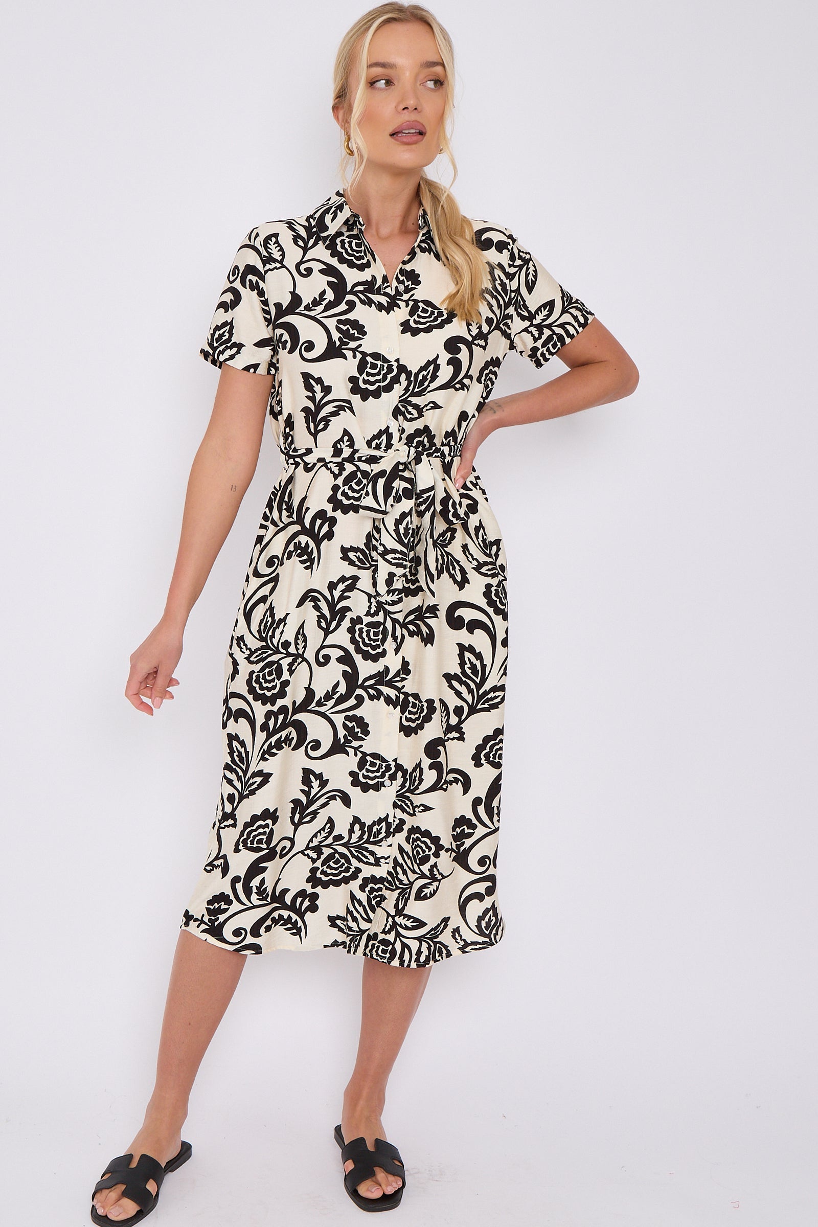 Black Floral Print Short Sleeve Midi Shirt Dress LS-2156LD-P4