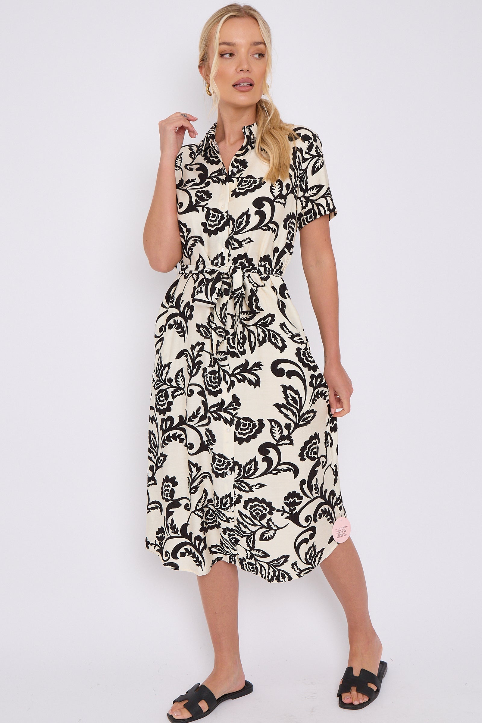 Black Floral Print Short Sleeve Midi Shirt Dress LS-2156LD-P4