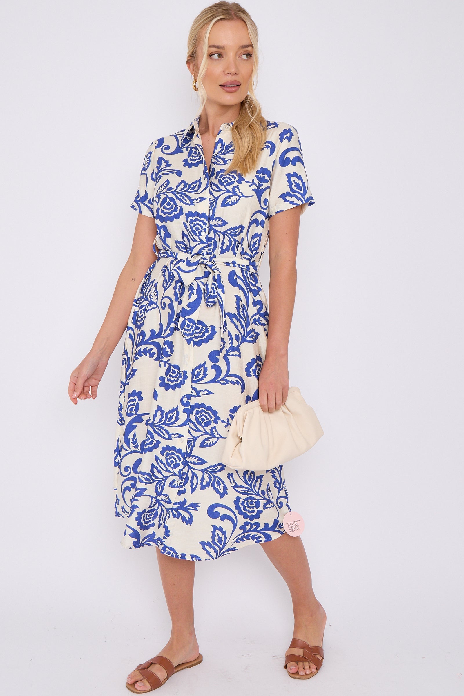 Blue Floral Print Short Sleeve Midi Shirt Dress LS-2156LD-P3