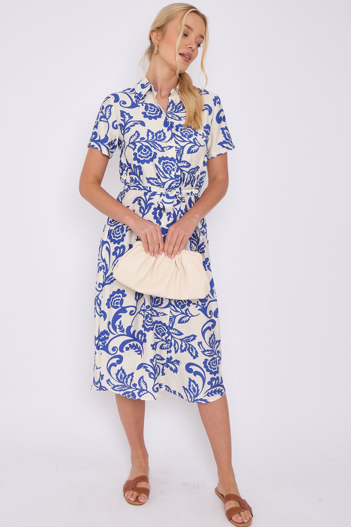 Blue Floral Print Short Sleeve Midi Shirt Dress LS-2156LD-P3