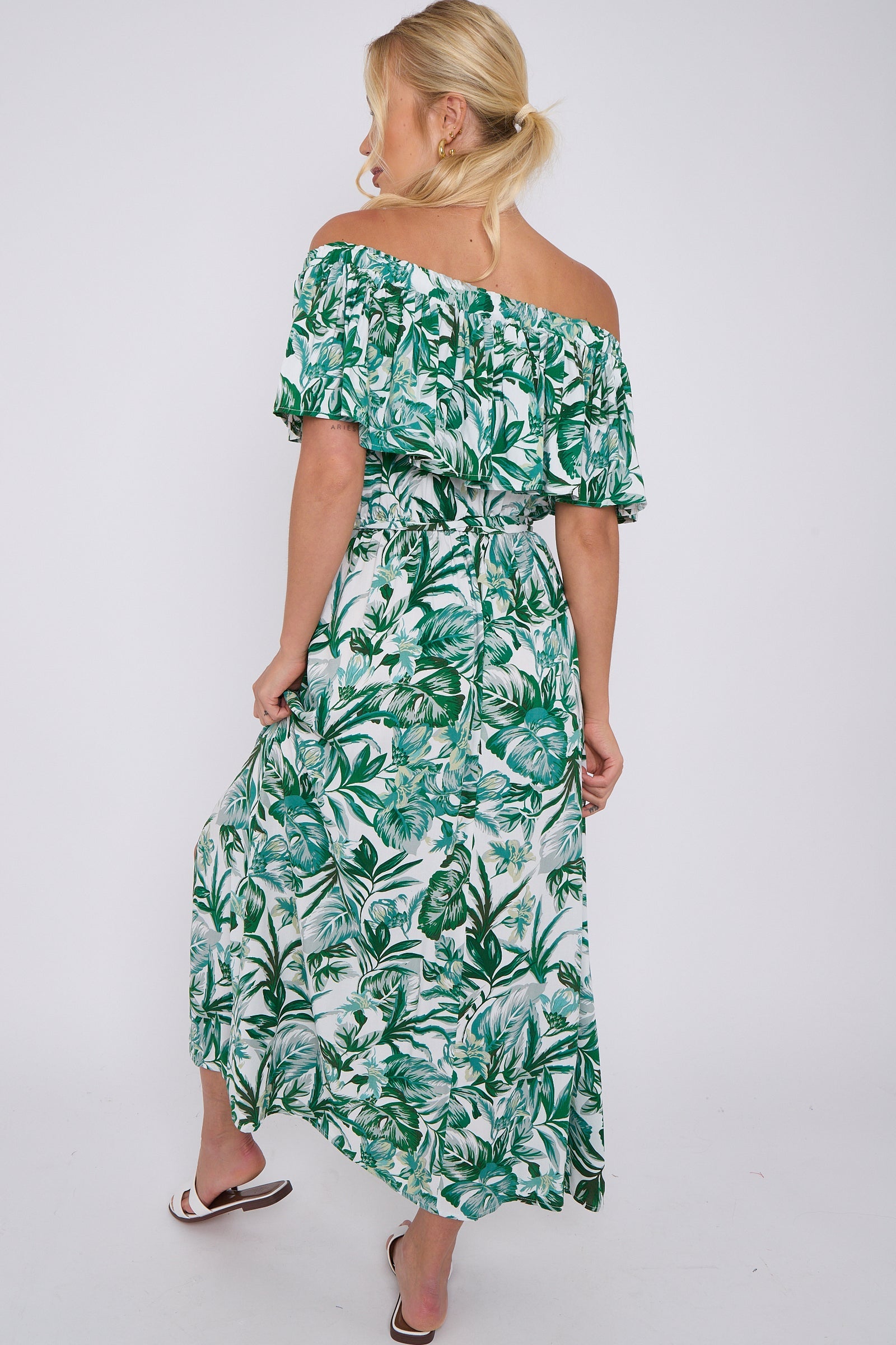 Green Leaf Floral Print Bardot Maxi Dress LS-2411-KB4