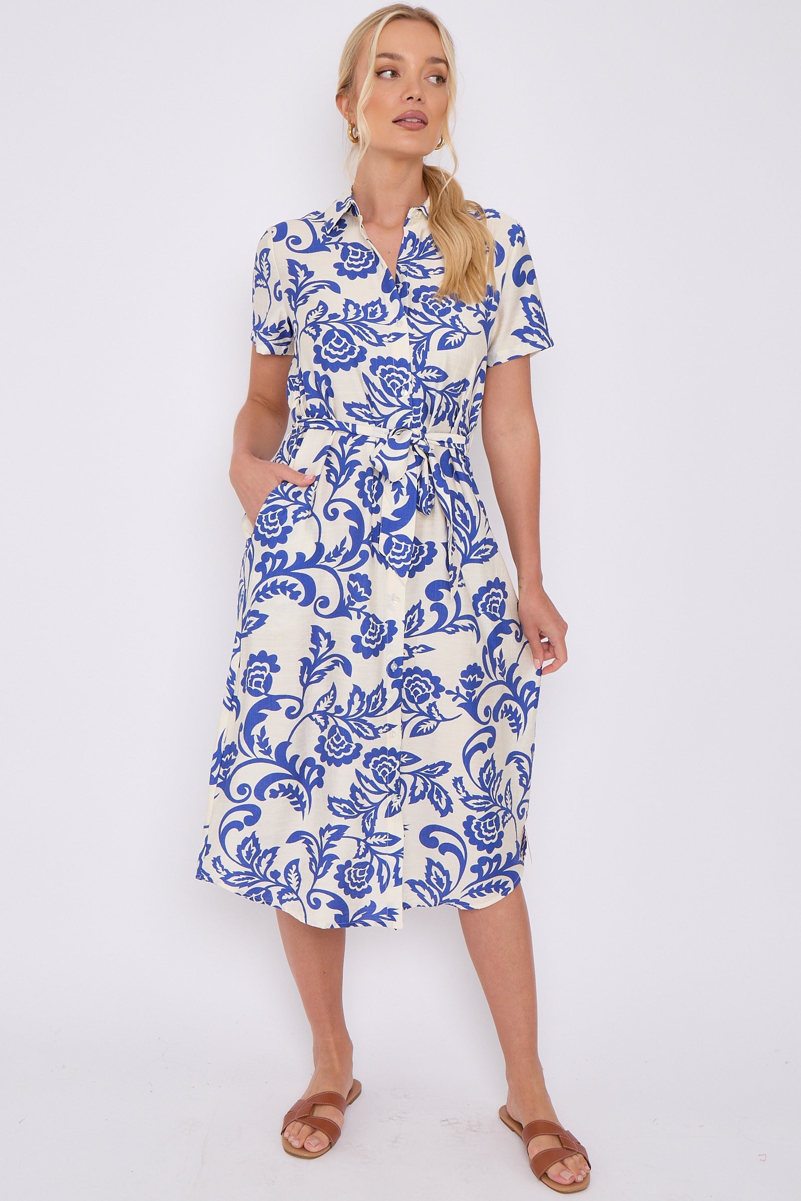 Blue Floral Print Short Sleeve Midi Shirt Dress LS-2156LD-P3