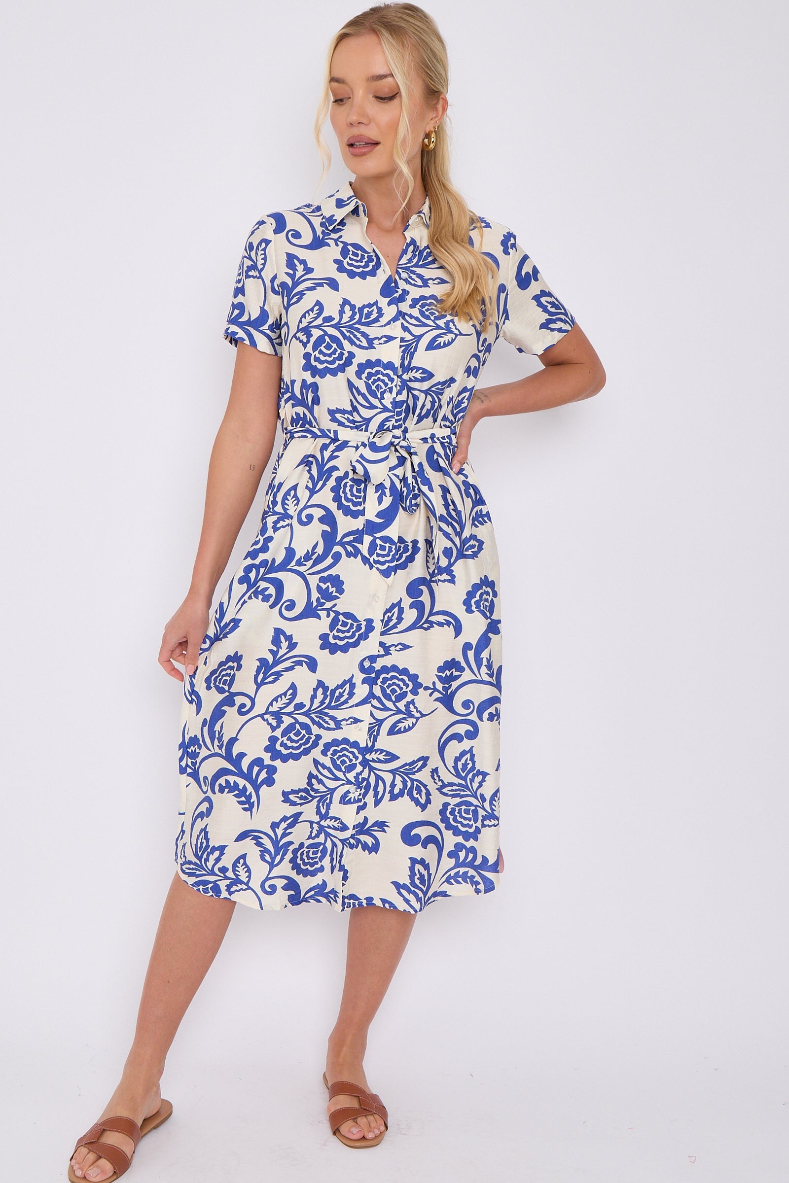 Blue Floral Print Short Sleeve Midi Shirt Dress LS-2156LD-P3