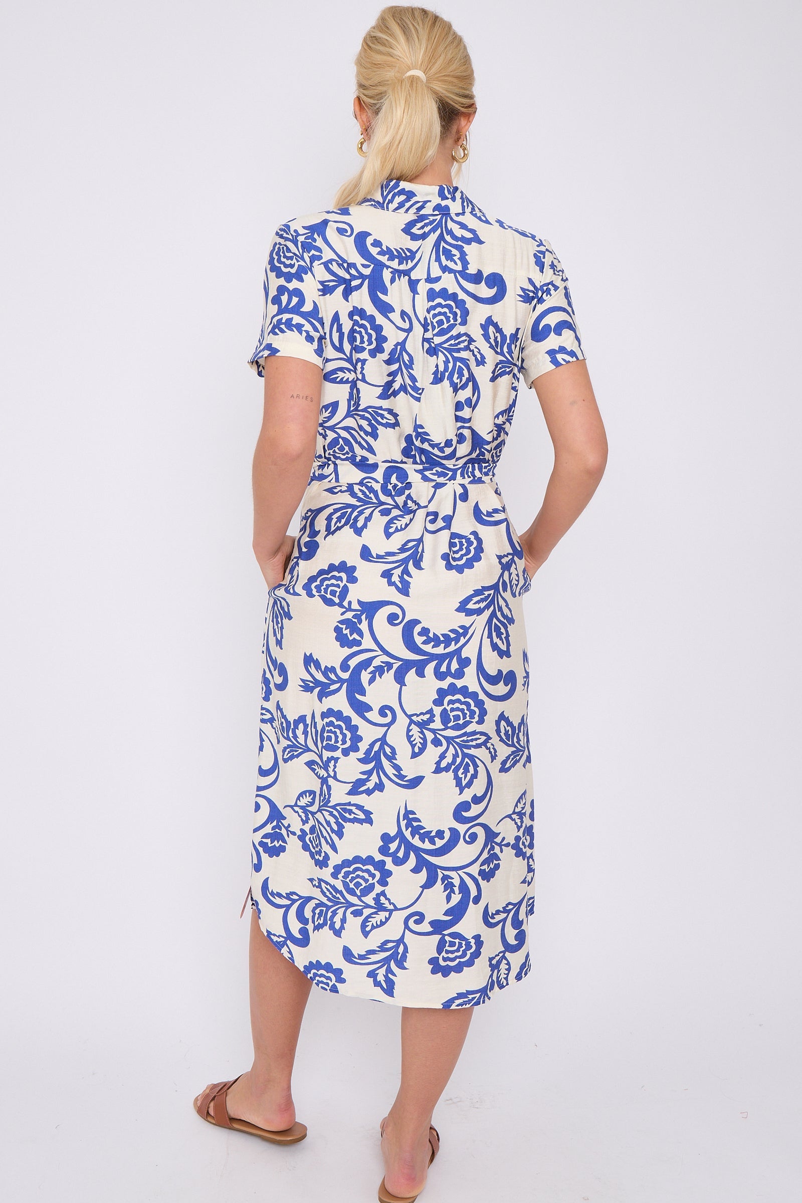 Blue Floral Print Short Sleeve Midi Shirt Dress LS-2156LD-P3