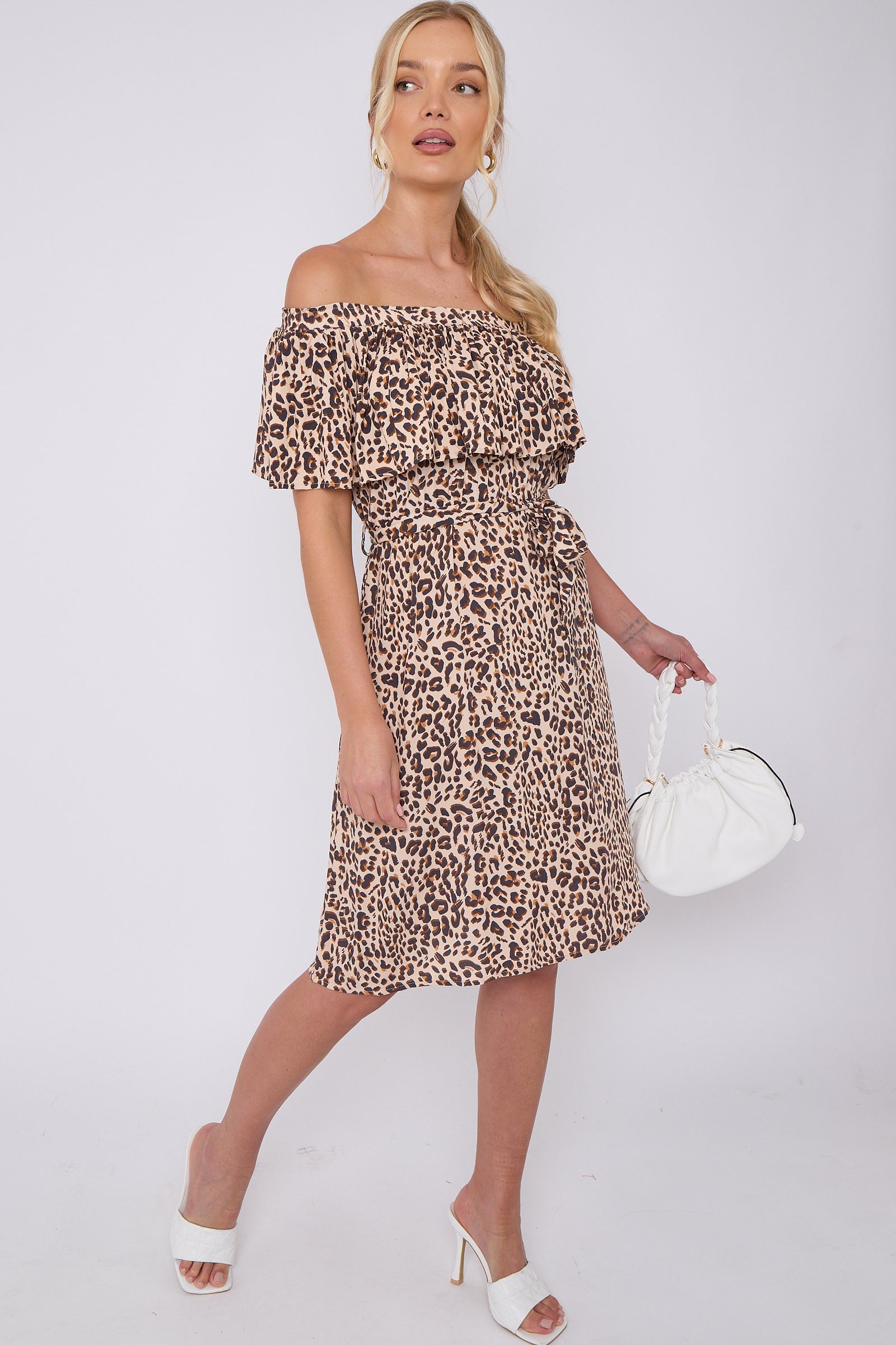 Tan Leopard Print Bardot Mini Dress LS-2411S-KB2