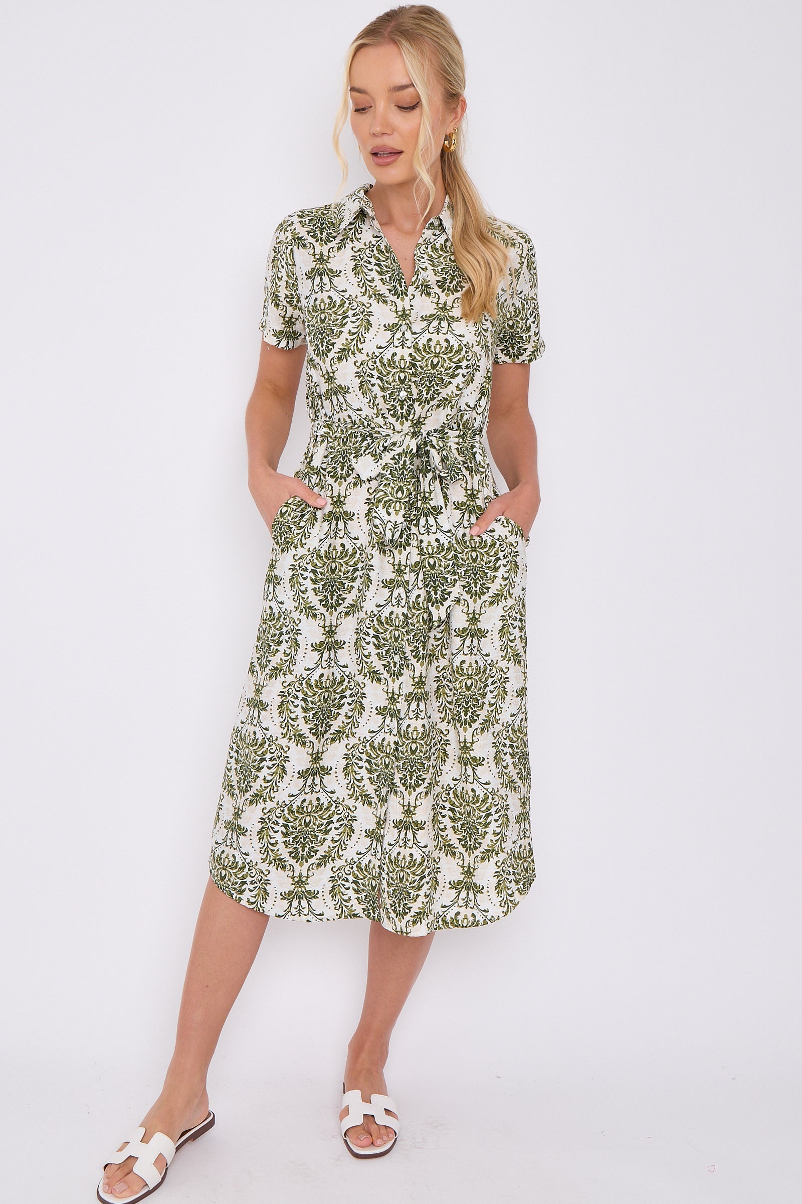 Green Broderie Print Short Sleeve Midi Shirt Dress LS-2156LD-P1