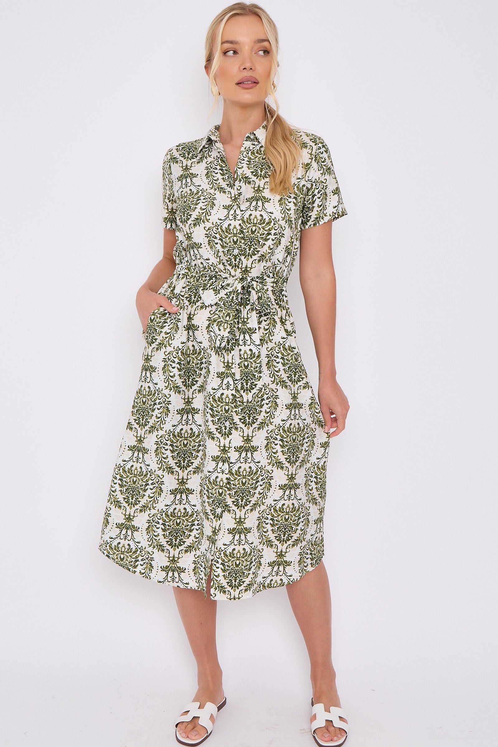 Green Broderie Print Short Sleeve Midi Shirt Dress LS-2156LD-P1