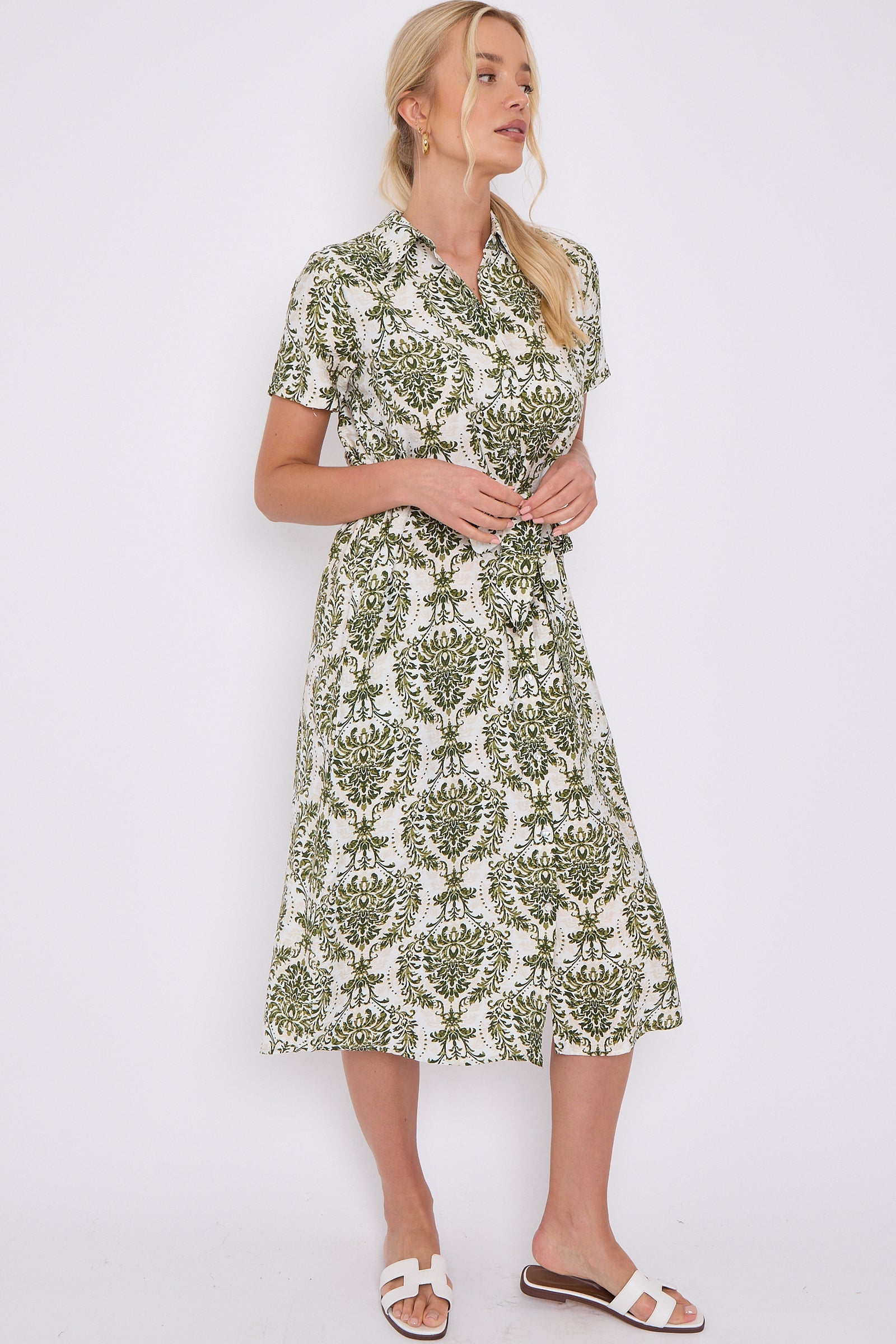 Green Broderie Print Short Sleeve Midi Shirt Dress LS-2156LD-P1