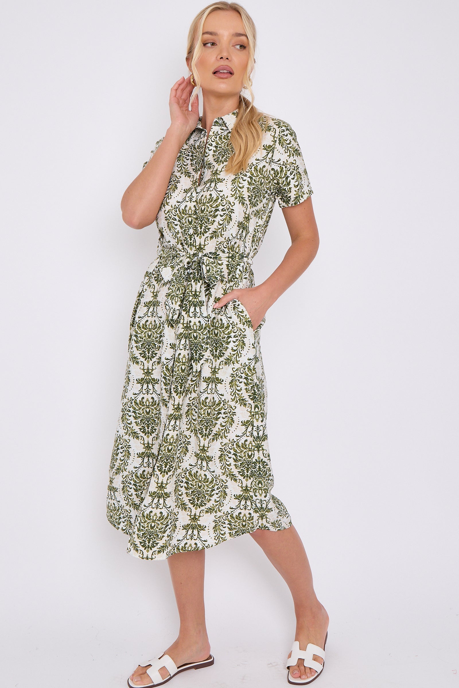 Green Broderie Print Short Sleeve Midi Shirt Dress LS-2156LD-P1