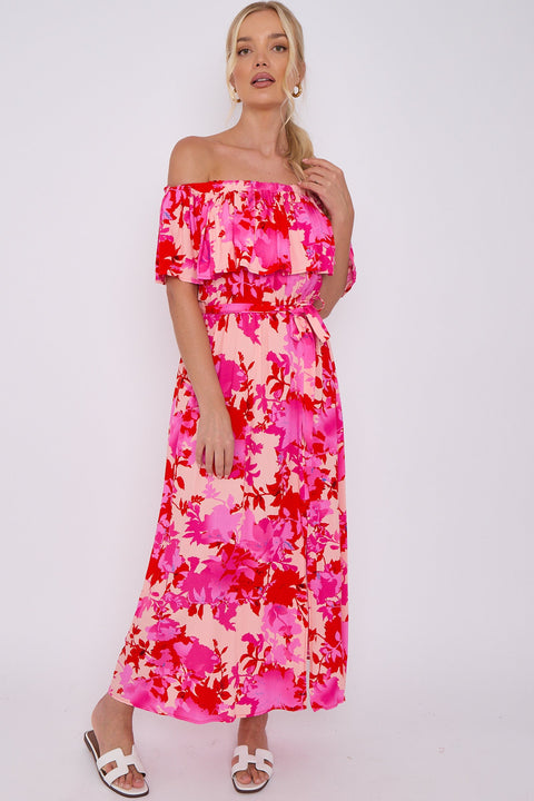 Fuchsia Floral Print Bardot Maxi Dress by LOVE SUNSHINE