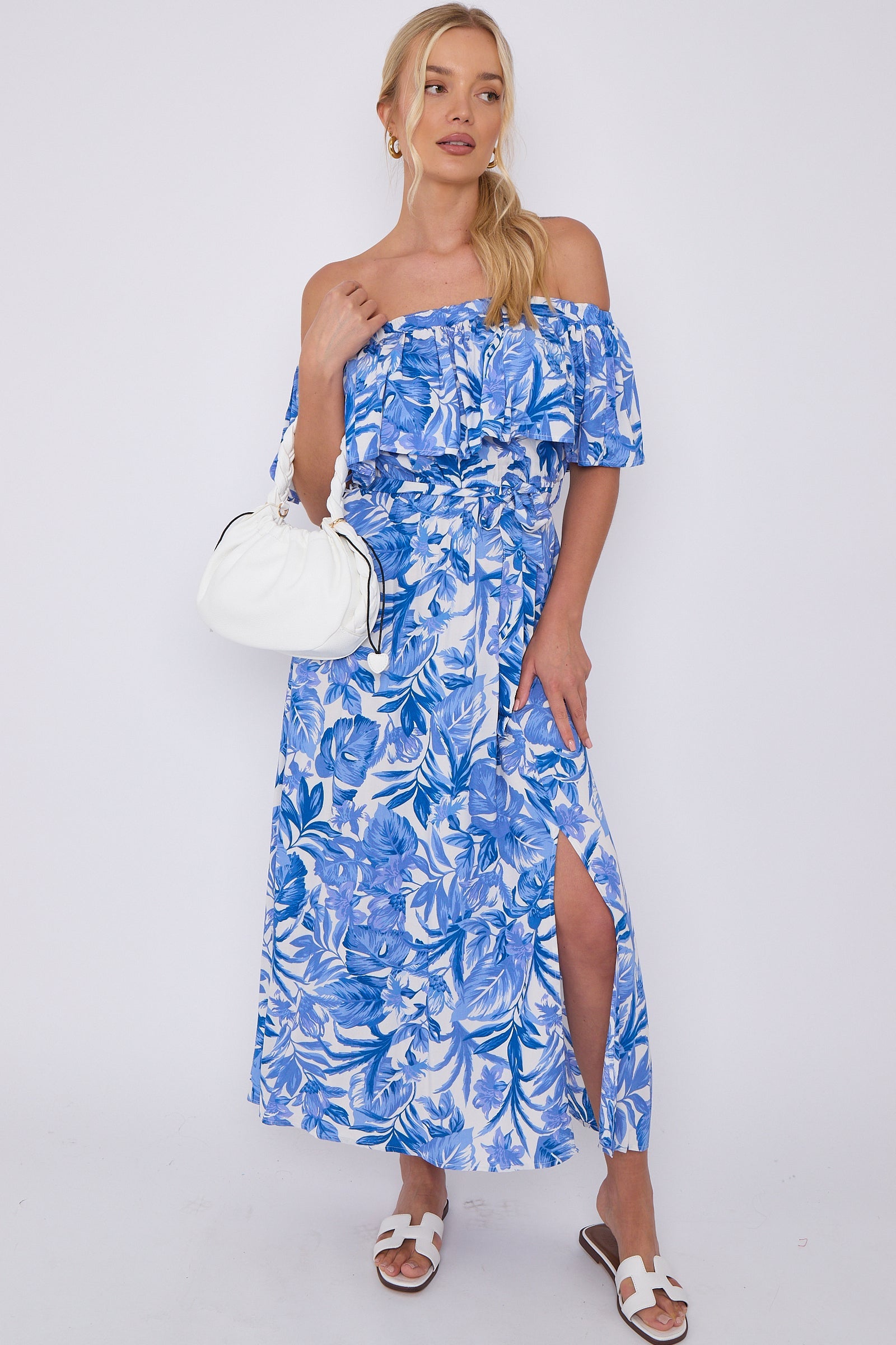 Blue Leaf Floral Print Bardot Maxi Dress LS-2411-KB3