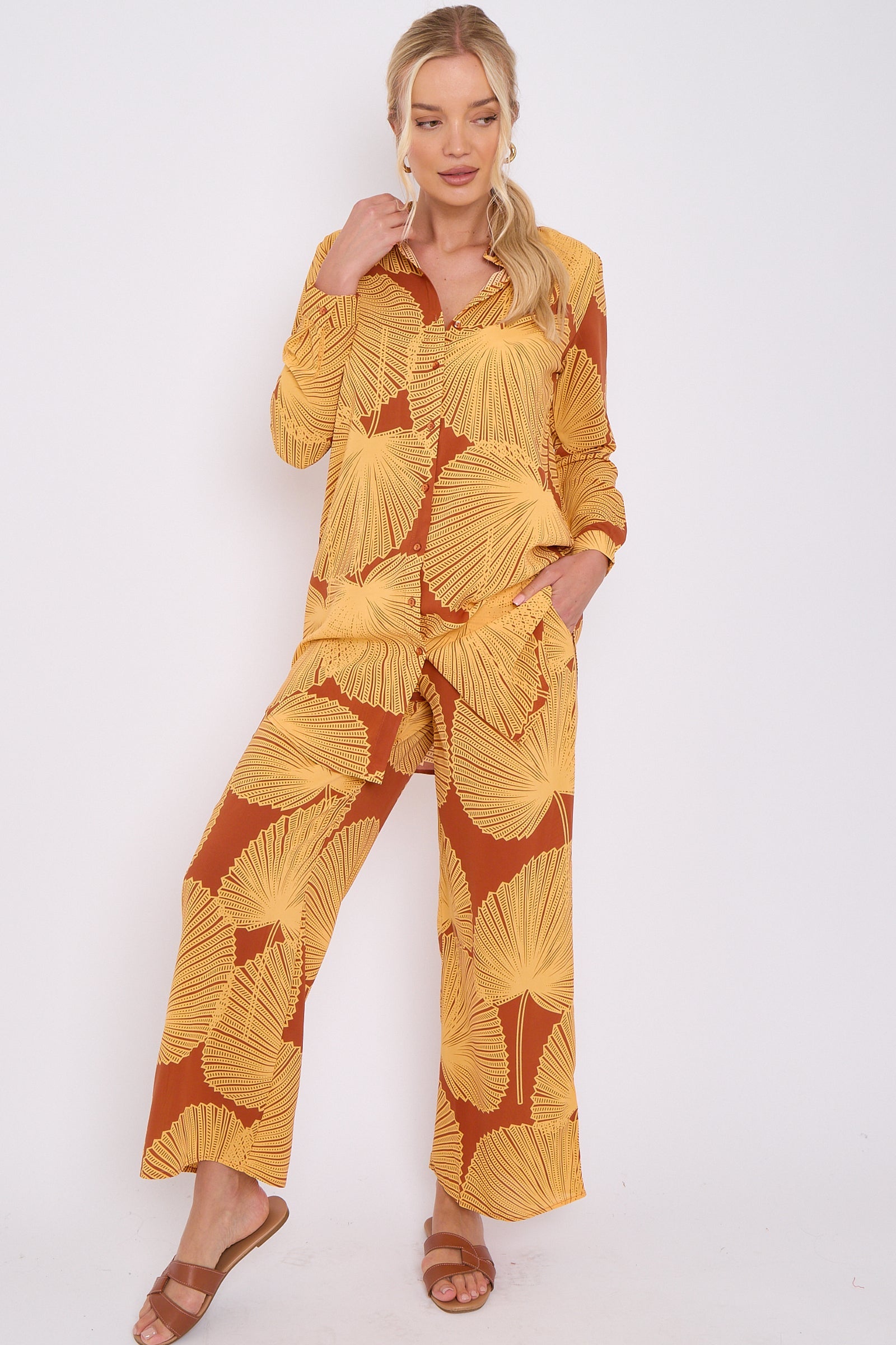 Mustard Abstract Leaf Print Co-ord Shirt And Trousers Set LS-5002&9057-TZ1