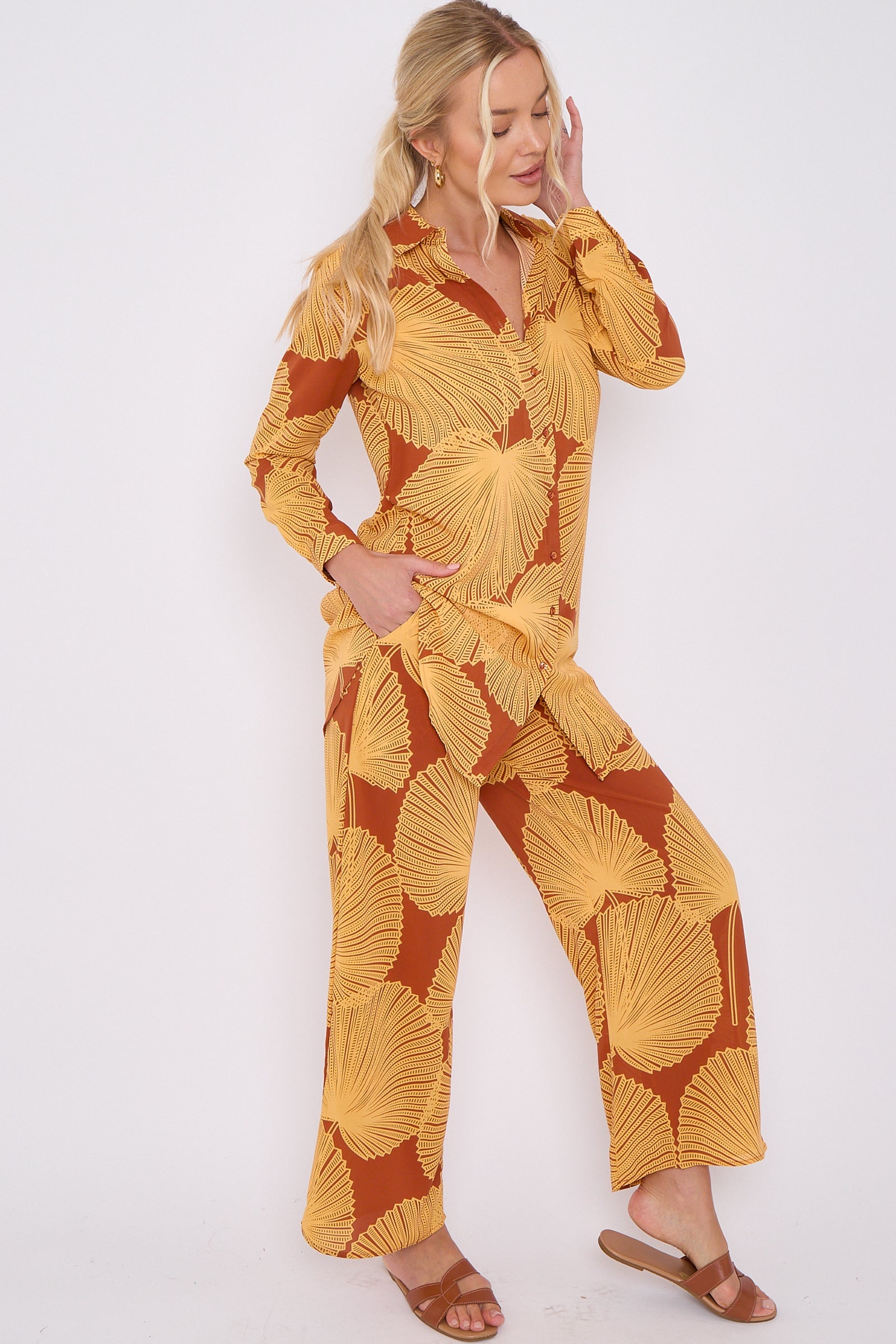 Mustard Abstract Leaf Print Co-ord Shirt And Trousers Set LS-5002&9057-TZ1