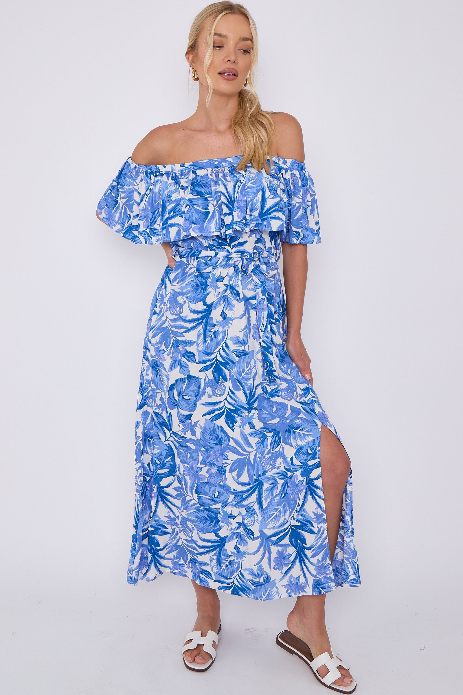 Blue Leaf Floral Print Bardot Maxi Dress LS-2411-KB3