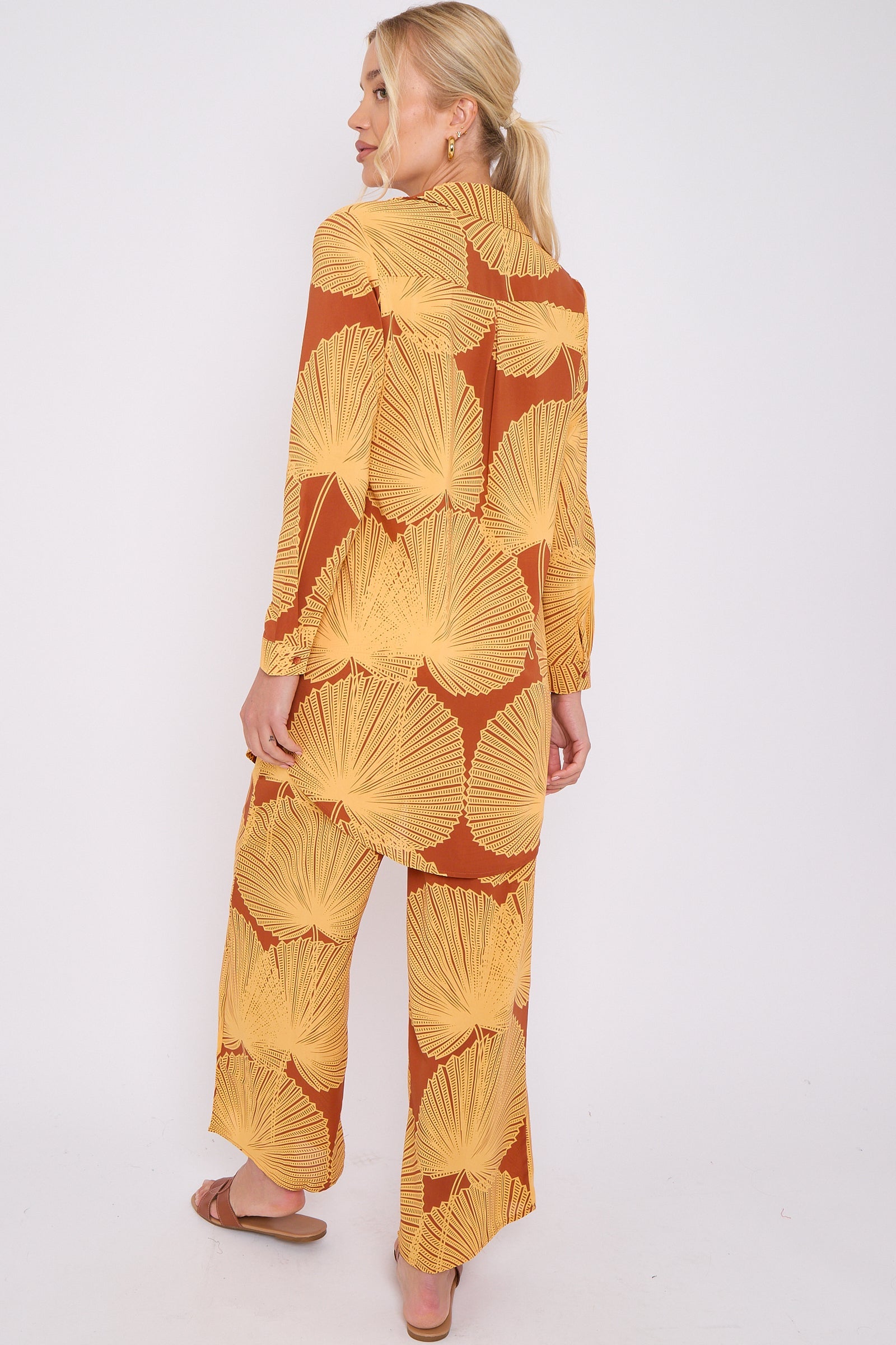 Mustard Abstract Leaf Print Co-ord Shirt And Trousers Set LS-5002&9057-TZ1