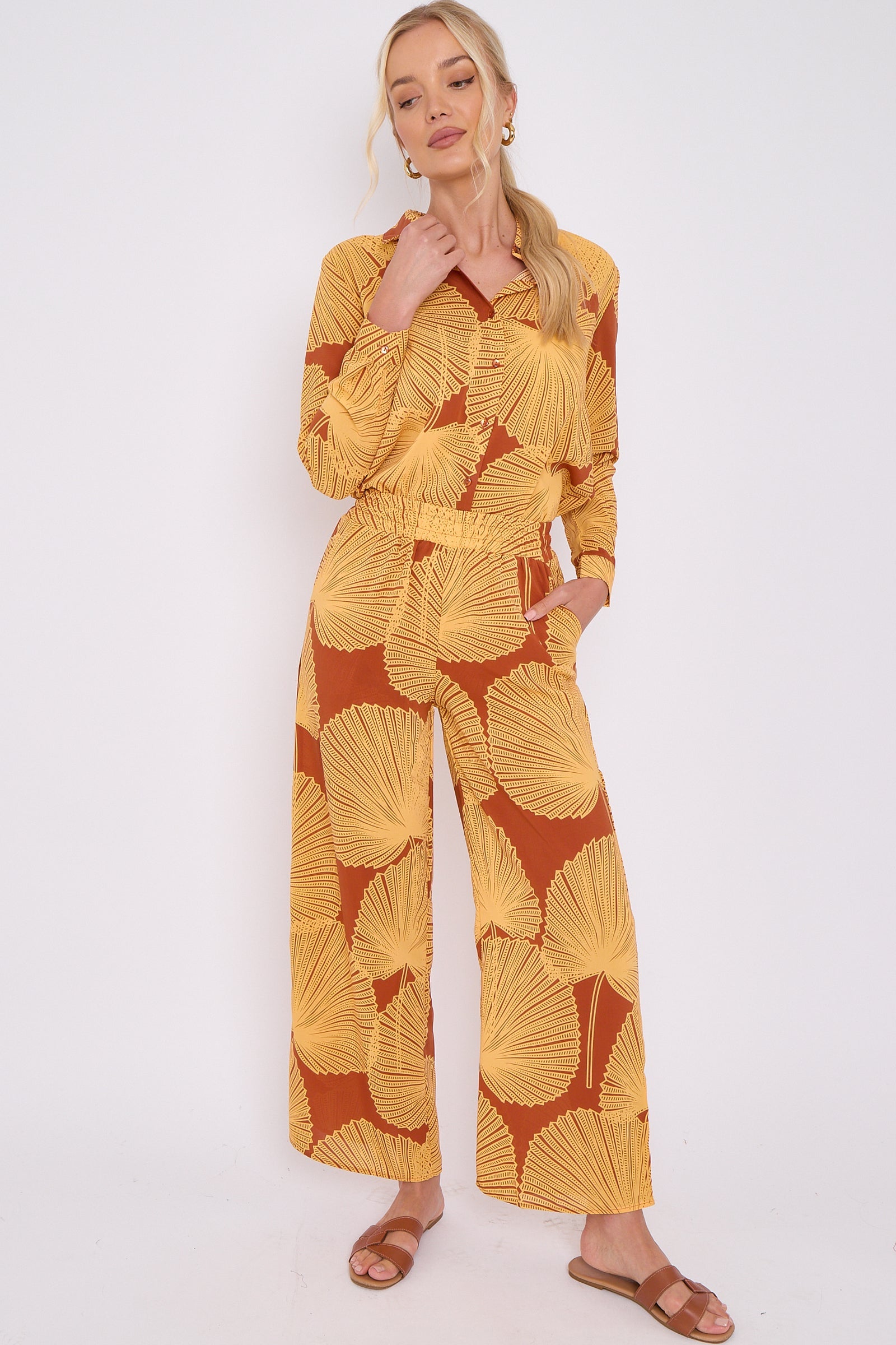 Mustard Abstract Leaf Print Co-ord Shirt And Trousers Set LS-5002&9057-TZ1