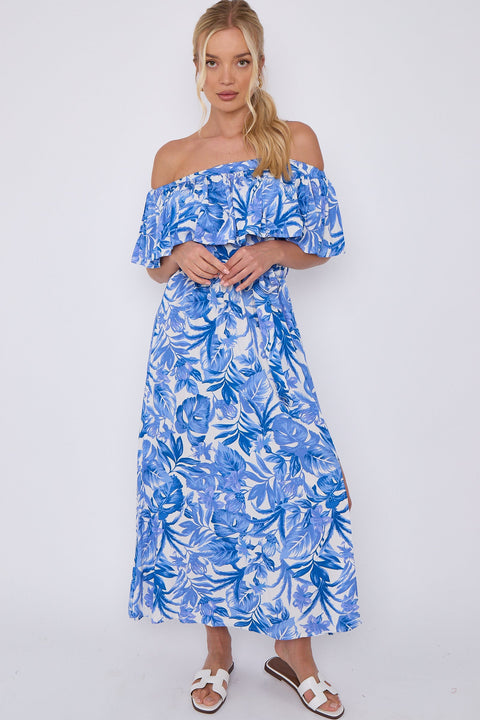 Blue Leaf Floral Print Bardot Maxi Dress by LOVE SUNSHINE