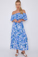 LOVE SUNSHINE Blue Leaf Floral Print Bardot Maxi Dress