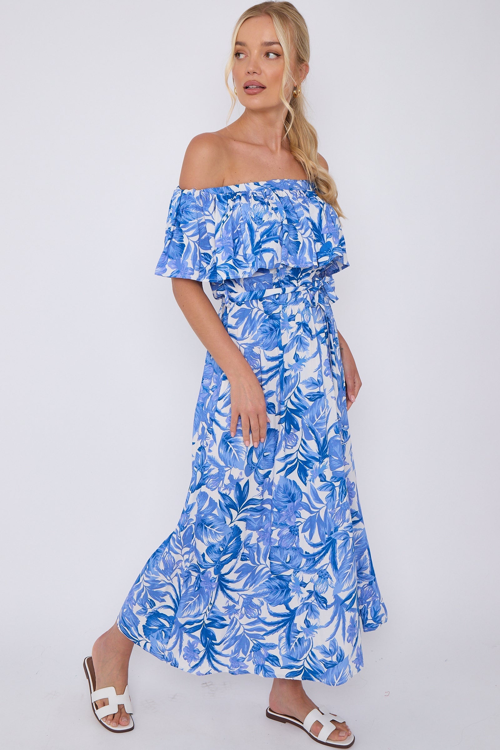 Blue Leaf Floral Print Bardot Maxi Dress LS-2411-KB3