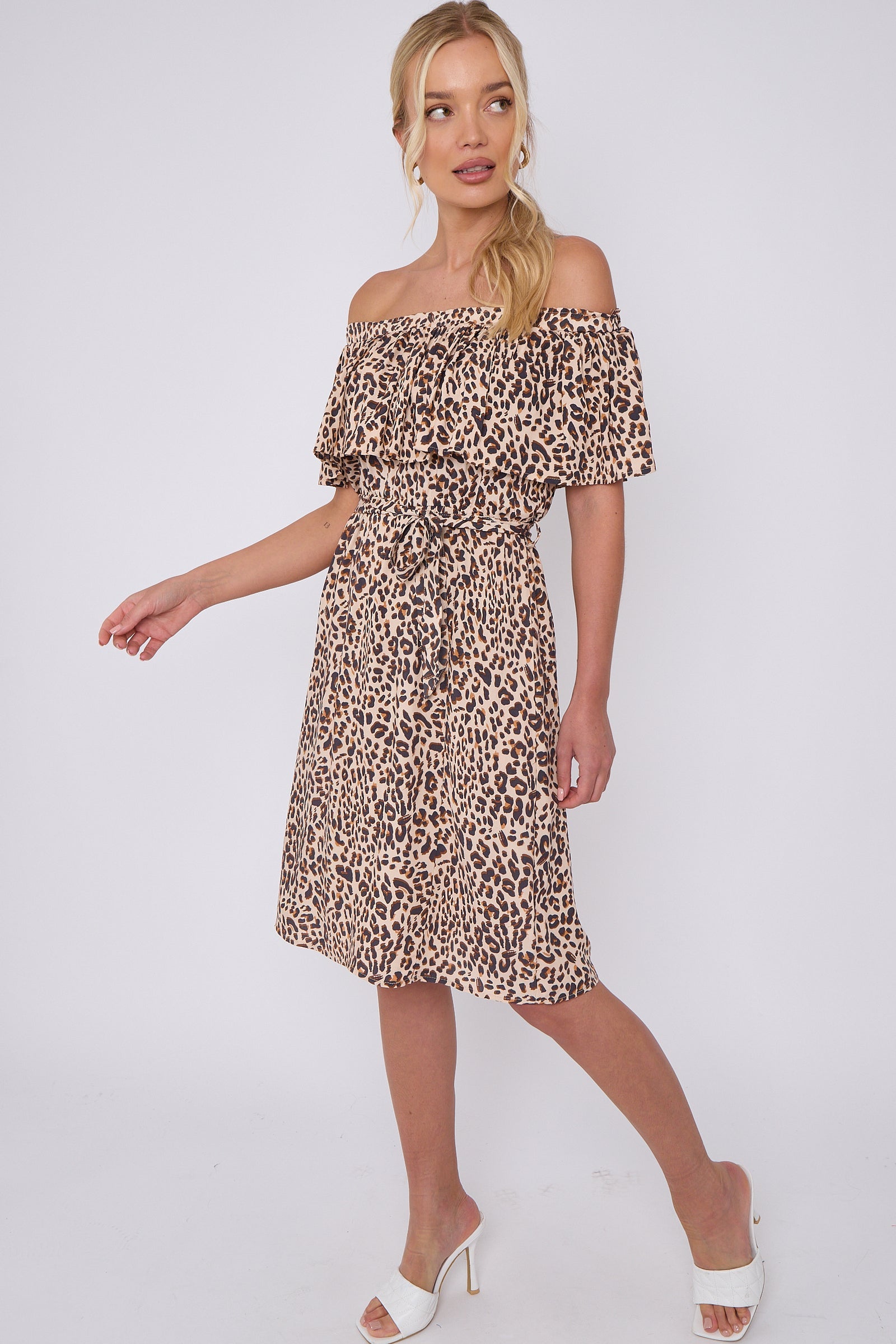 Tan Leopard Print Bardot Mini Dress LS-2411S-KB2