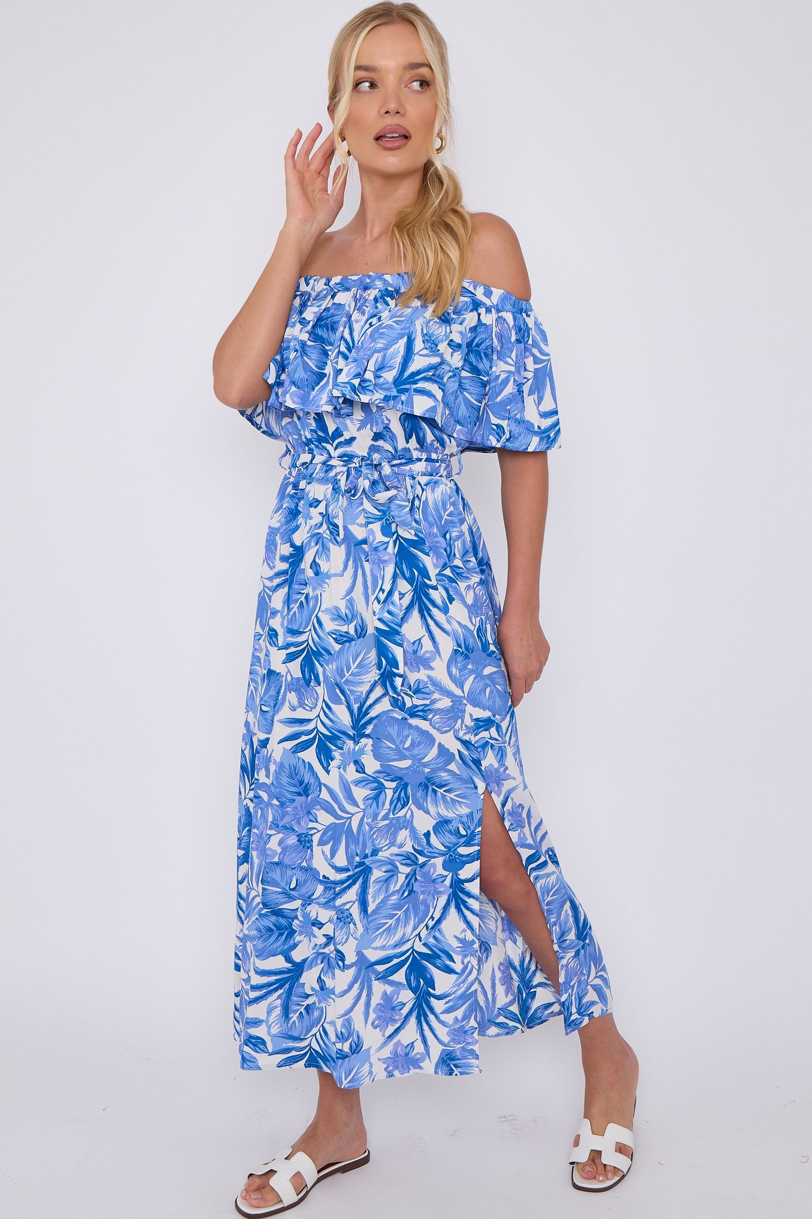 Blue Leaf Floral Print Bardot Maxi Dress LS-2411-KB3