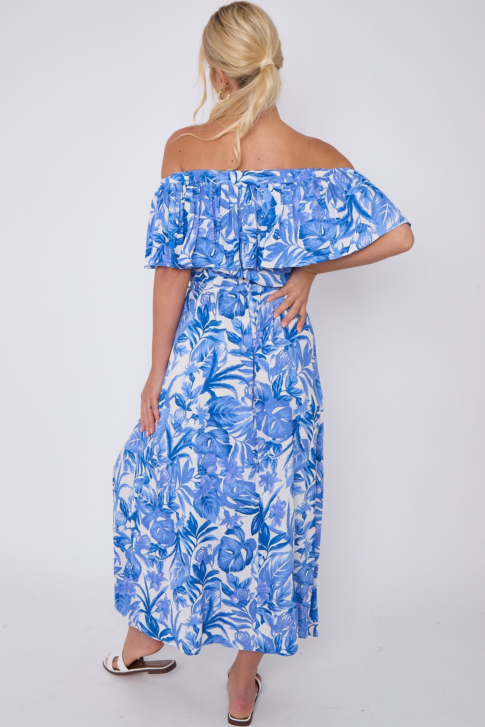 Blue Leaf Floral Print Bardot Maxi Dress LS-2411-KB3