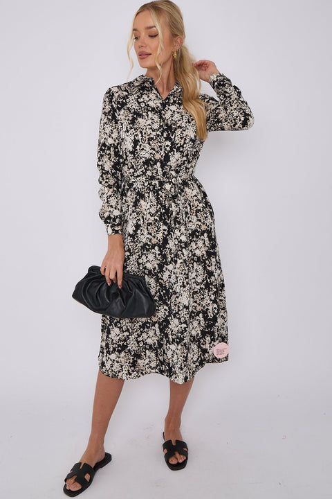 Black Tie Dye Print Long Sleeve Midi Shirt Dress LS-2156L-S46