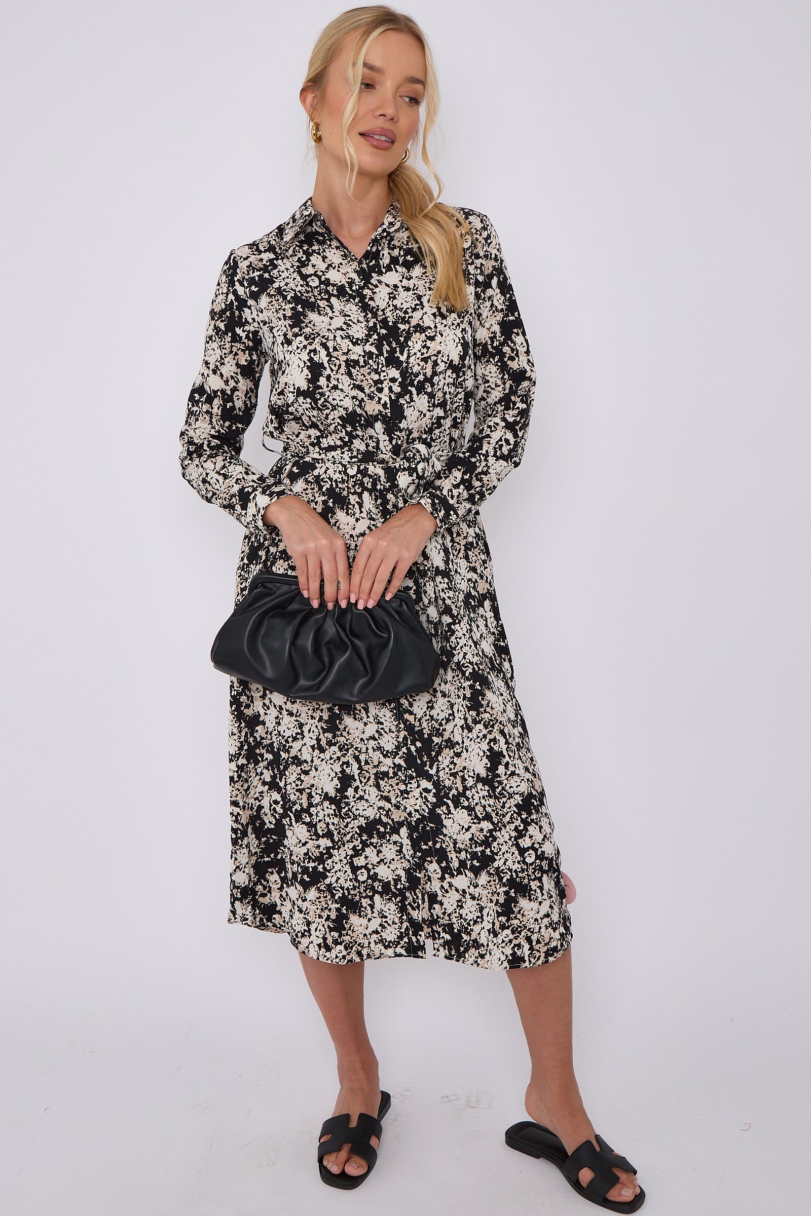 Black Tie Dye Print Long Sleeve Midi Shirt Dress LS-2156L-S46