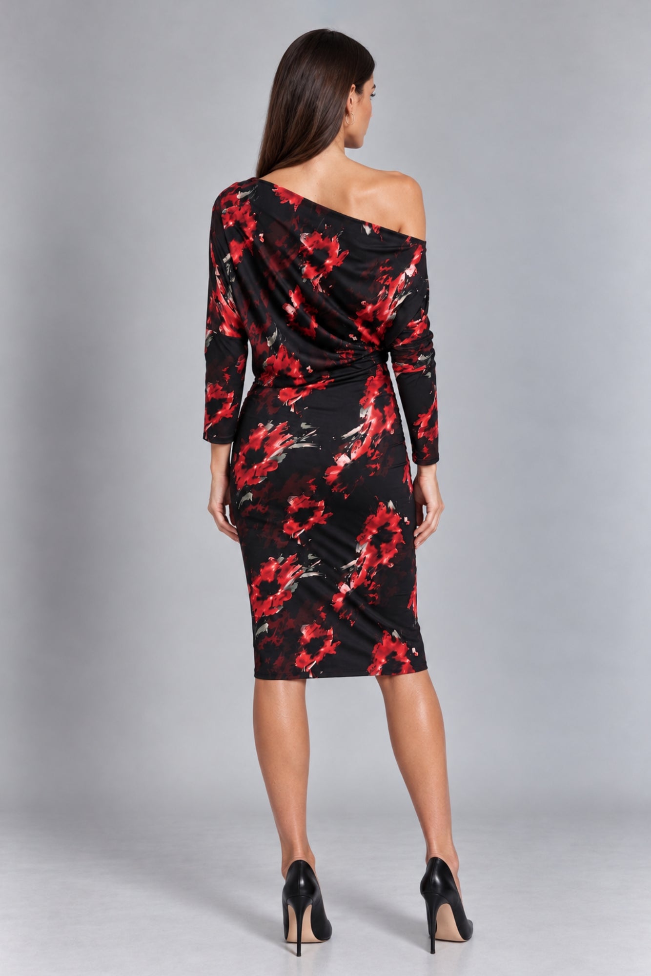 Aubrey Black Red Bardot Batwing Floral Midi Dress HG-AUBREY-DRESS