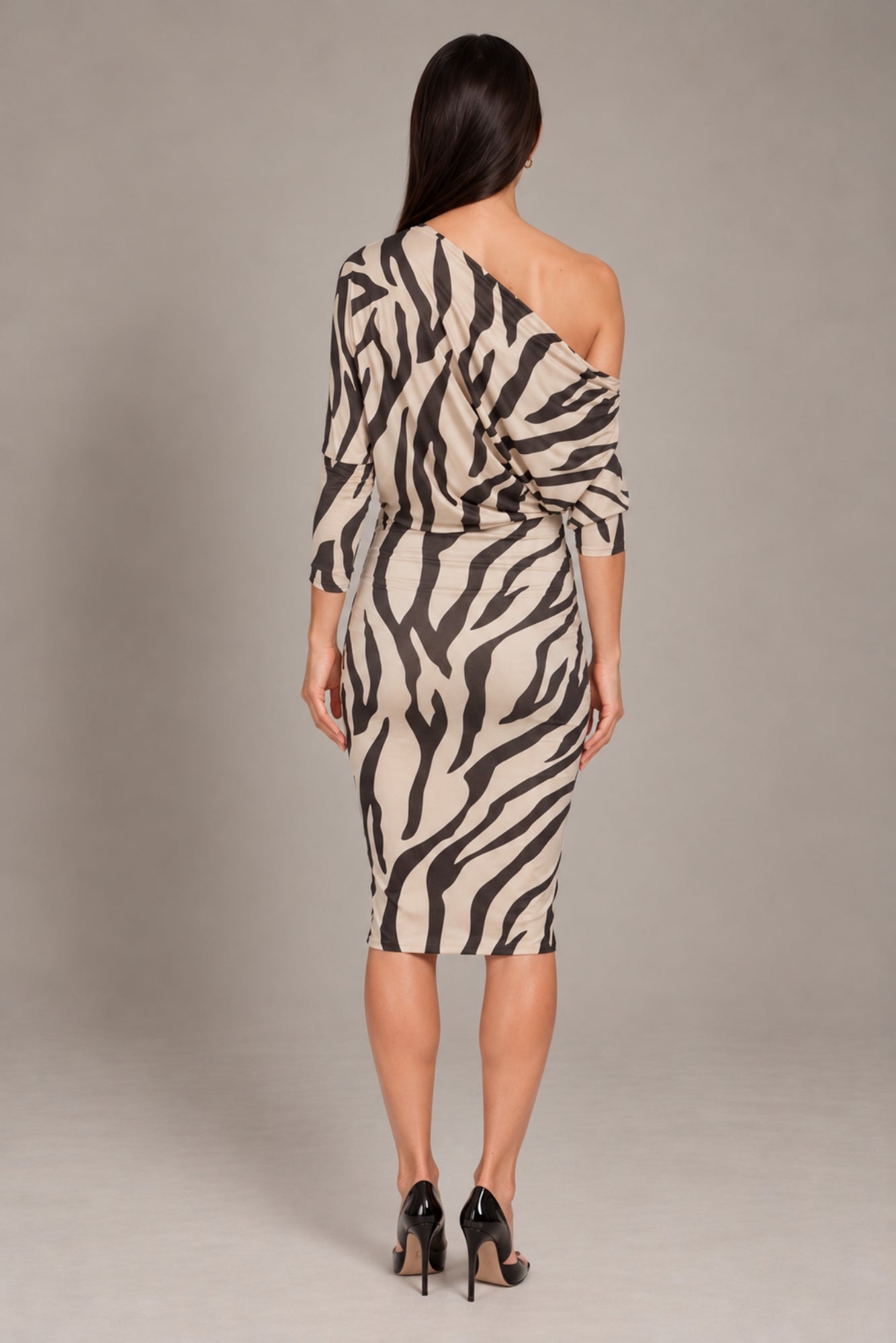 Aubrey Zebra Animal Print Batwing Off The Shoulder Midi Dress AUBREY-ZEBRA-MIDI
