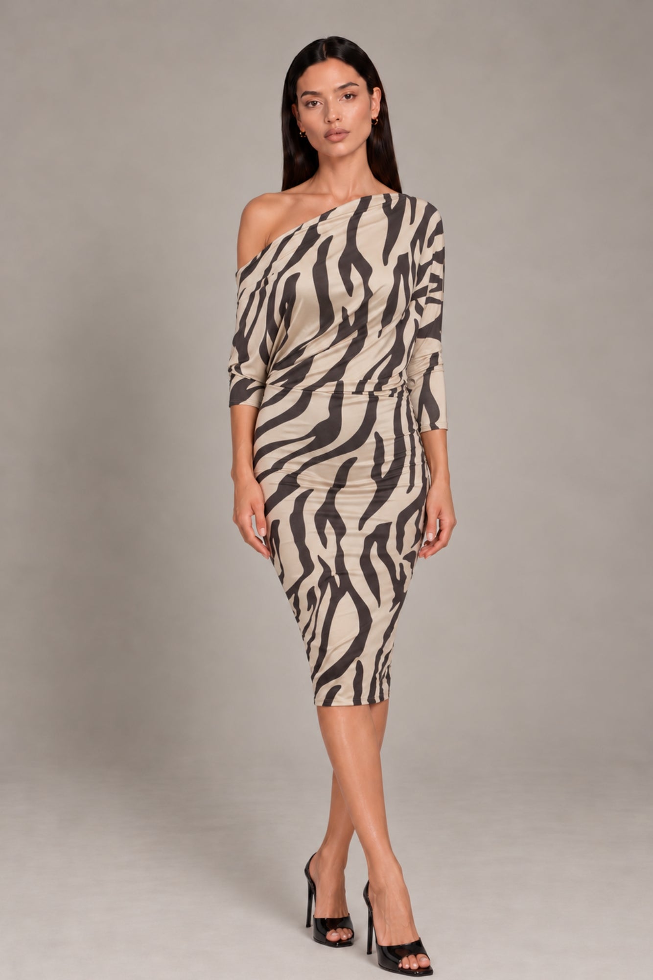 Aubrey Zebra Animal Print Batwing Off The Shoulder Midi Dress AUBREY-ZEBRA-MIDI