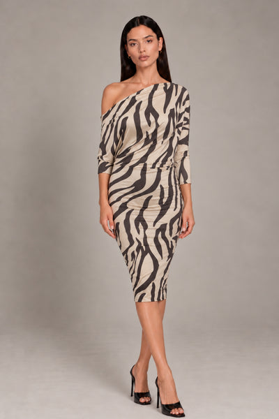 Zebraprint - Aubrey Zebra Animal Print Batwing Off The Shoulder Midi Dress by Honor Gold