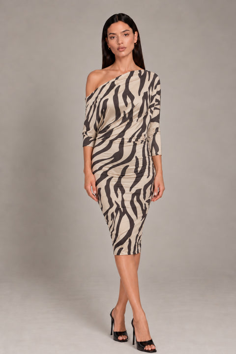 Aubrey Zebra Animal Print Batwing Off The Shoulder Midi Dress by Honor Gold